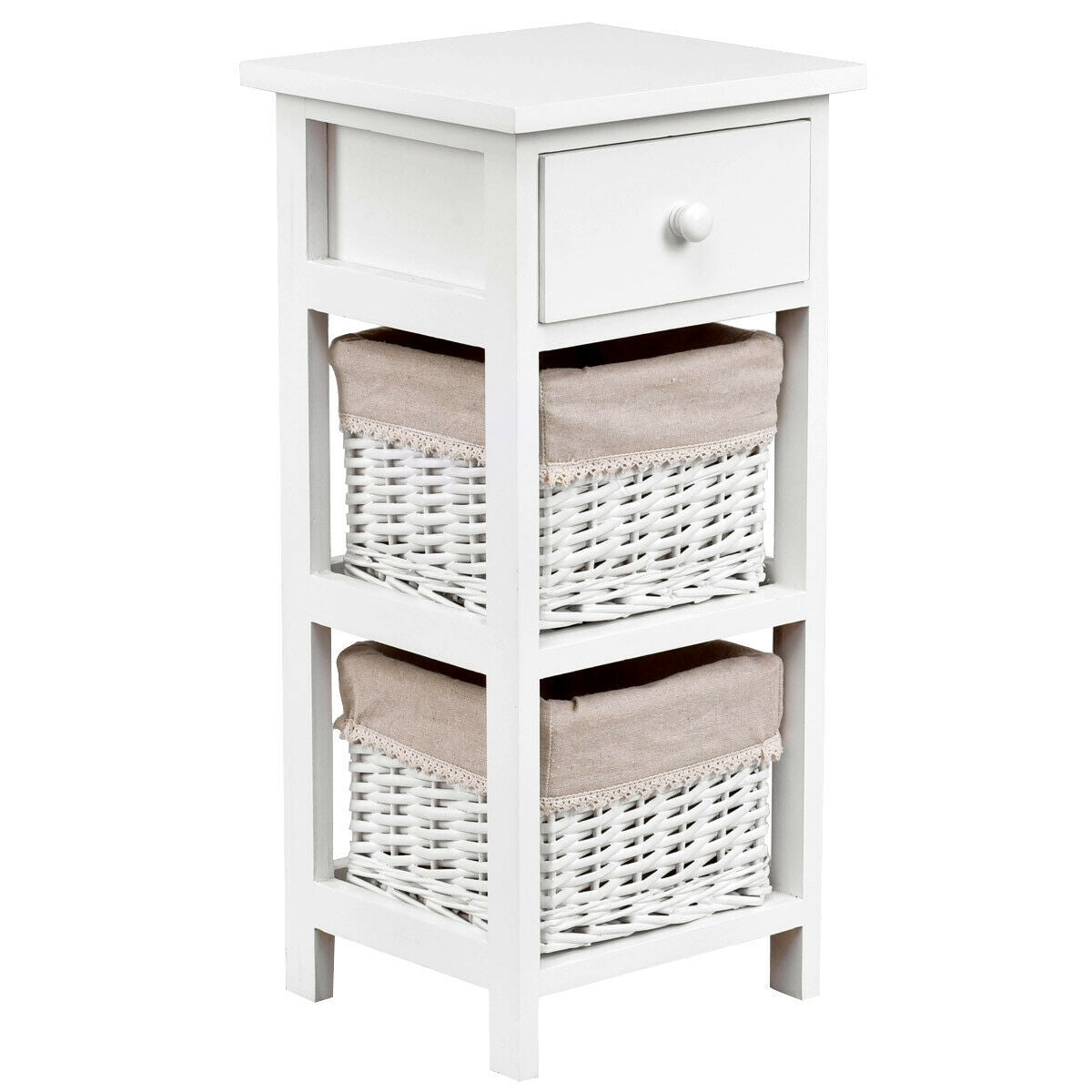 Set of 2 White Bedside Tables with Drawer and Wicker Storage Baskets