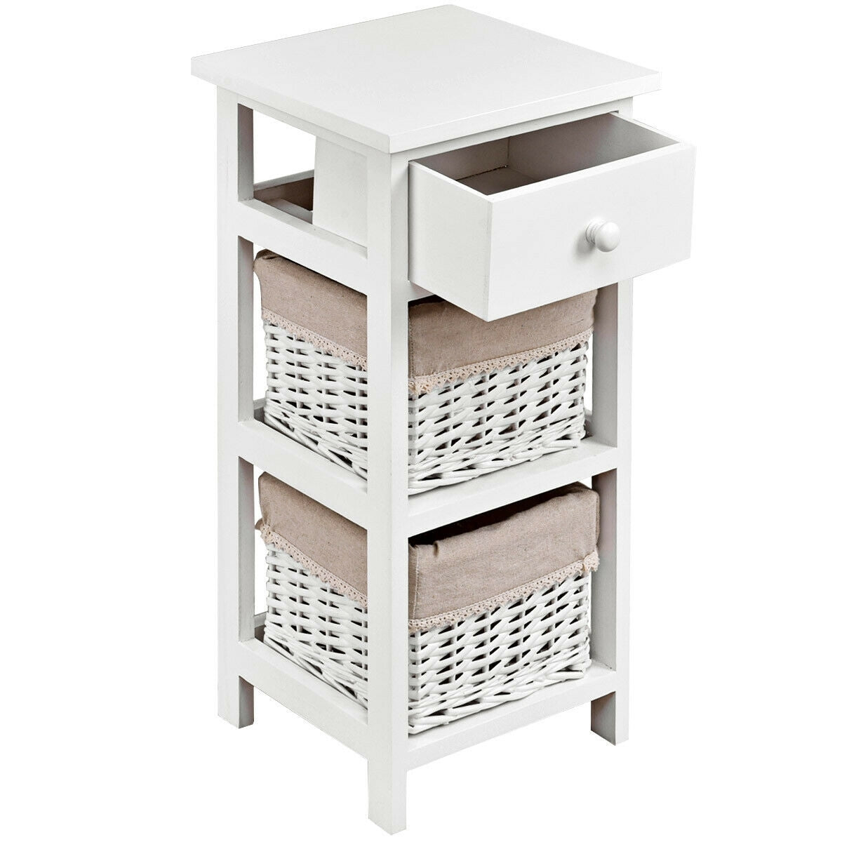 Set of 2 White Bedside Tables with Drawer and Wicker Storage Baskets