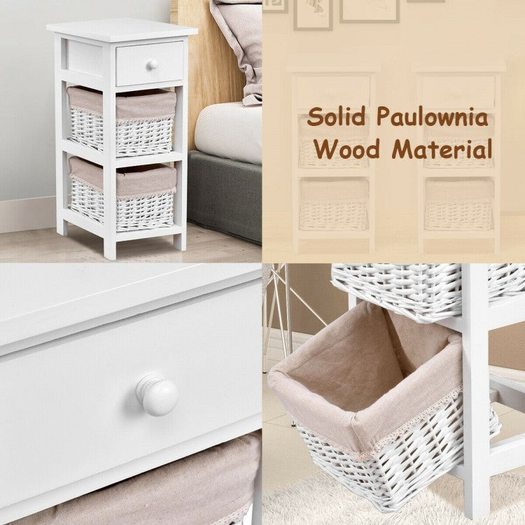 Set of 2 White Bedside Tables with Drawer and Wicker Storage Baskets