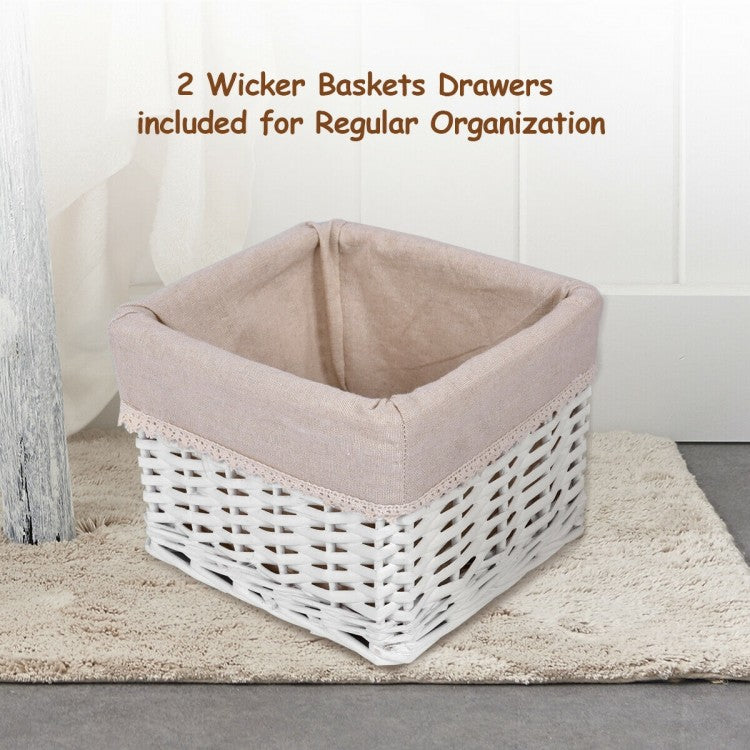 Set of 2 White Bedside Tables with Drawer and Wicker Storage Baskets