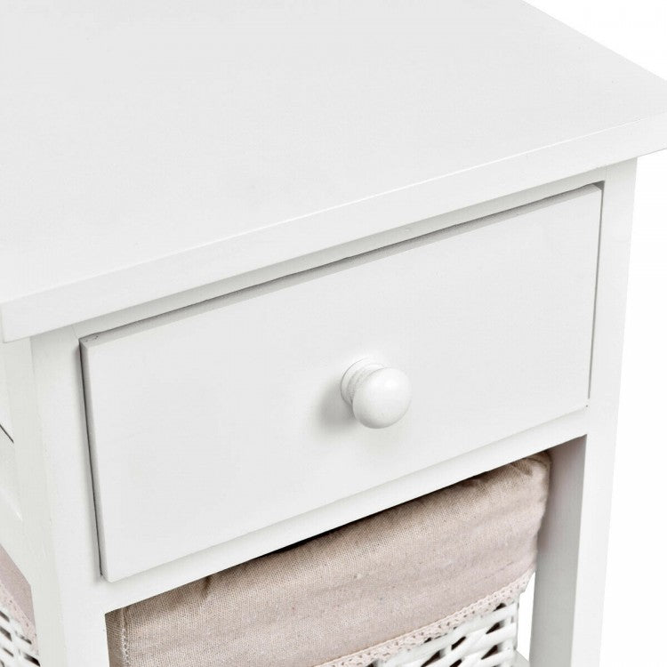 Set of 2 White Bedside Tables with Drawer and Wicker Storage Baskets