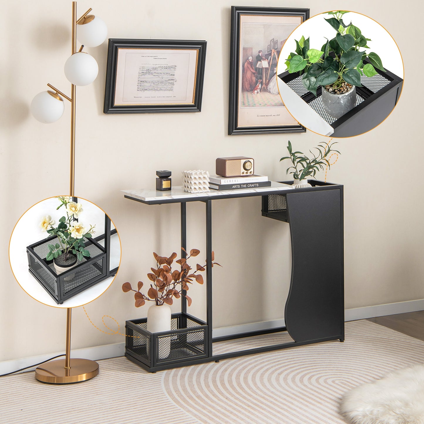 Elegant Console Table with Faux Marble Top and Built-In Plant Display 43.5 Inch