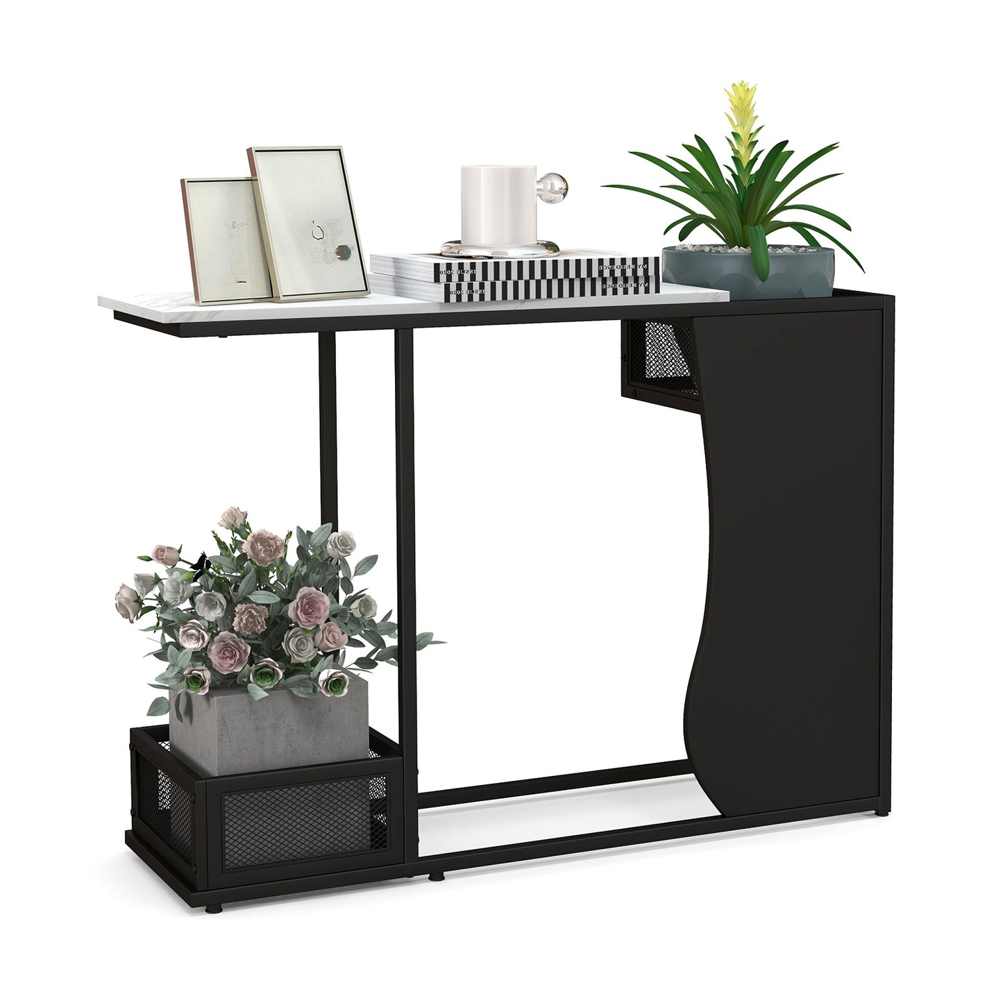 Elegant Console Table with Faux Marble Top and Built-In Plant Display 43.5 Inch