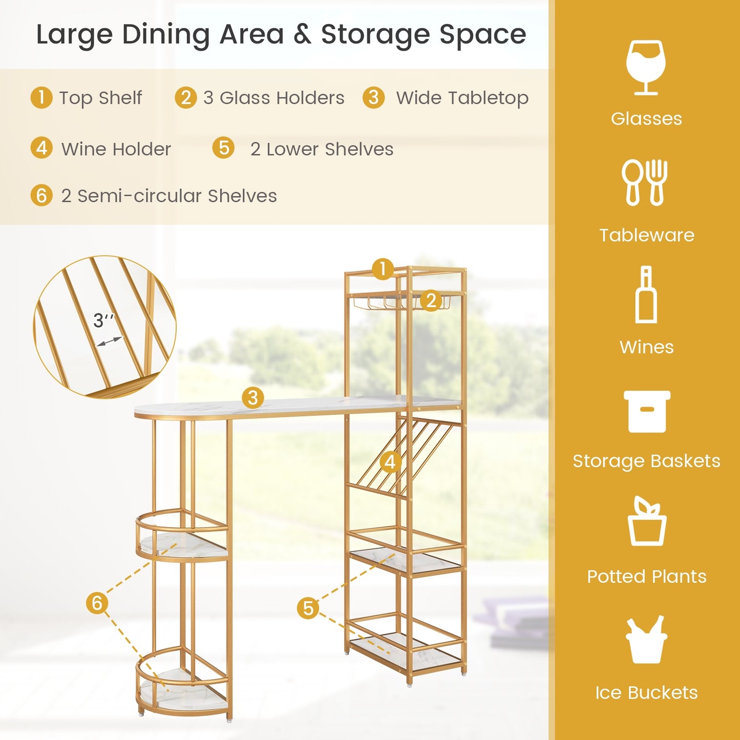 Elegant 3-Piece Bar Table Set with Wine Rack and Multiple Storage Shelves