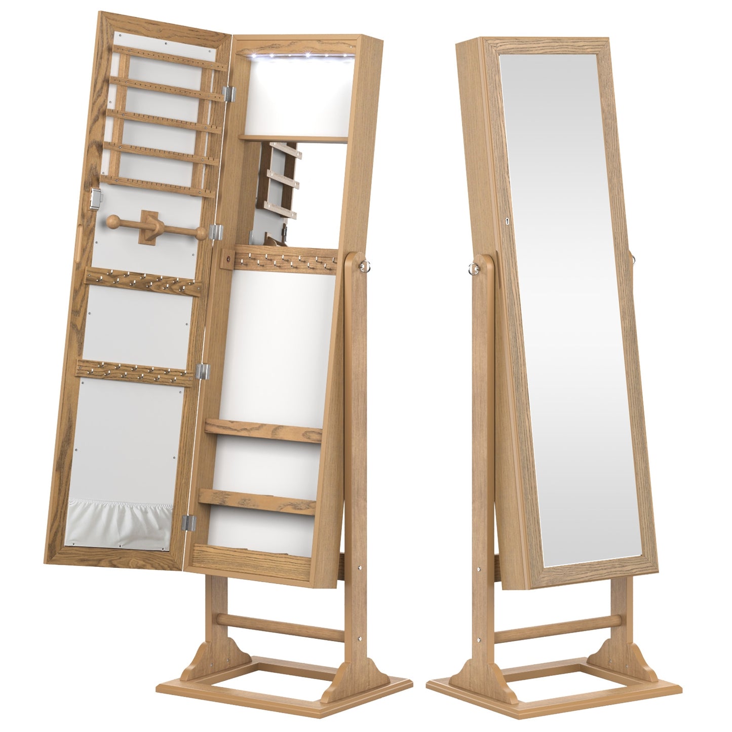 Freestanding Jewelry Armoire with Full-Length Mirror, 6 LED Lights and Lockable Storage – Natural