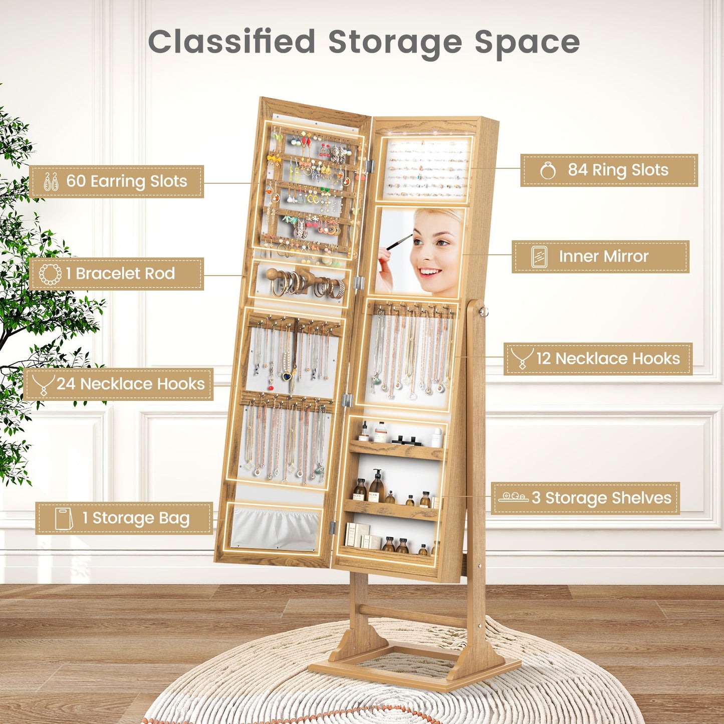 Freestanding Jewelry Armoire with Full-Length Mirror, 6 LED Lights and Lockable Storage – Natural