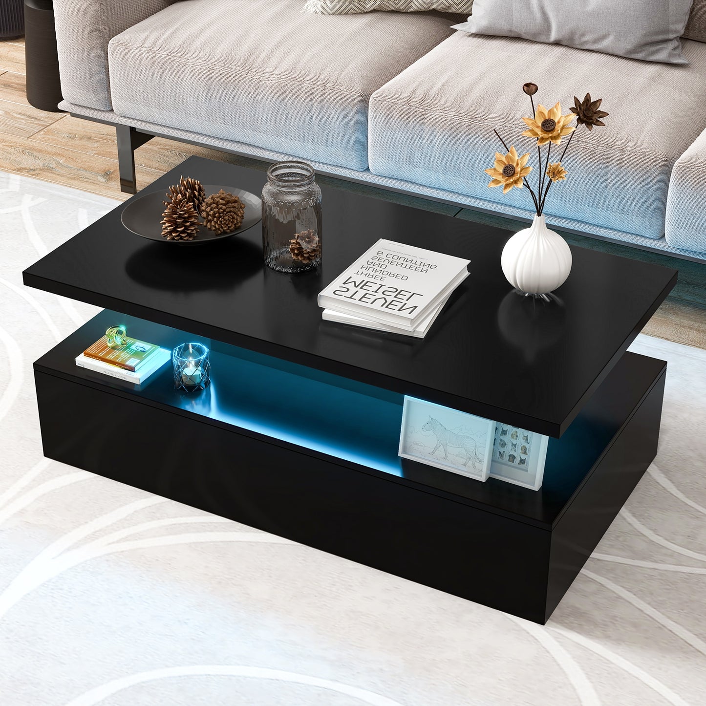 Modern LED Coffee Table with High Gloss Finish, Adjustable Light Colors, and 2-Tier Storage in Black