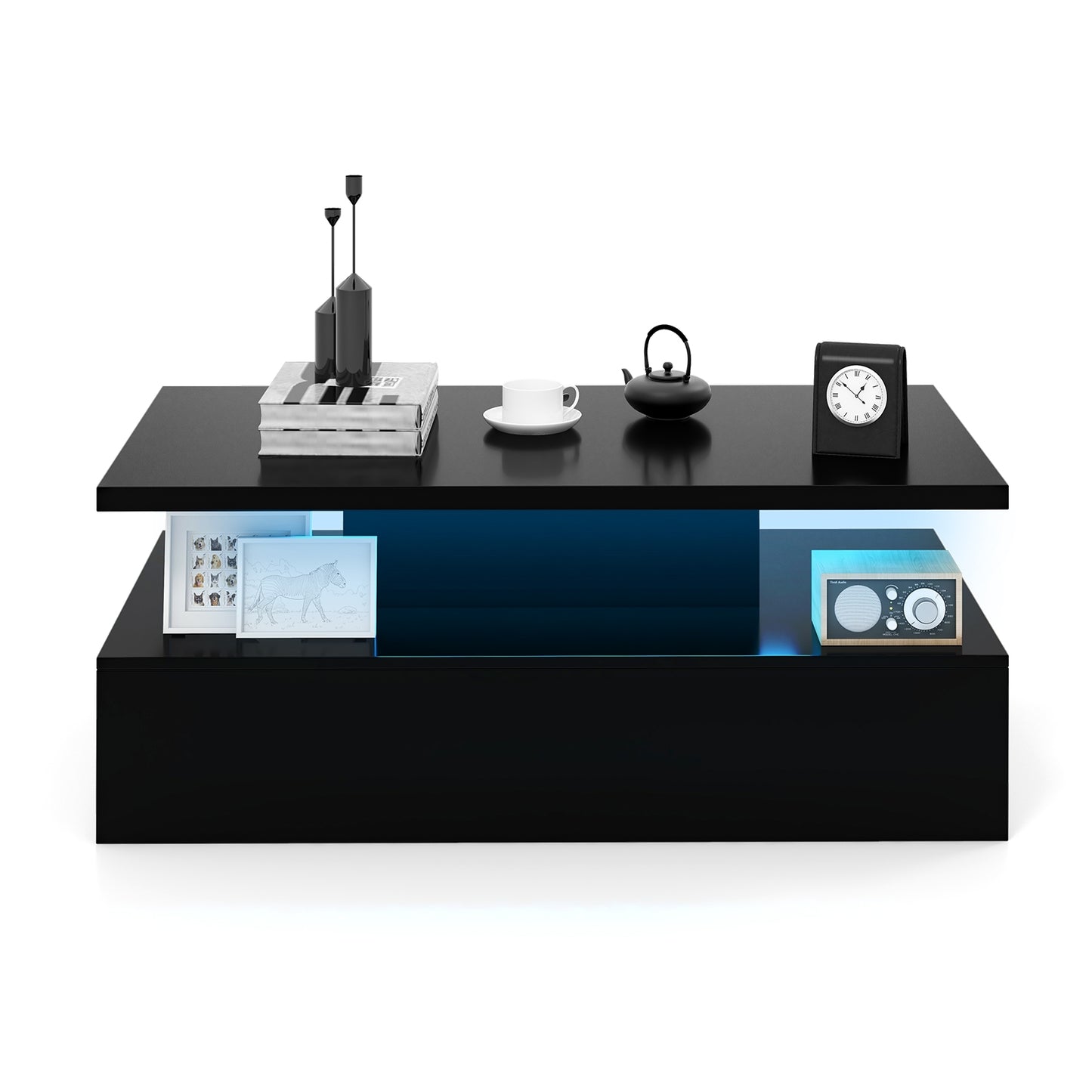 Modern LED Coffee Table with High Gloss Finish, Adjustable Light Colors, and 2-Tier Storage in Black
