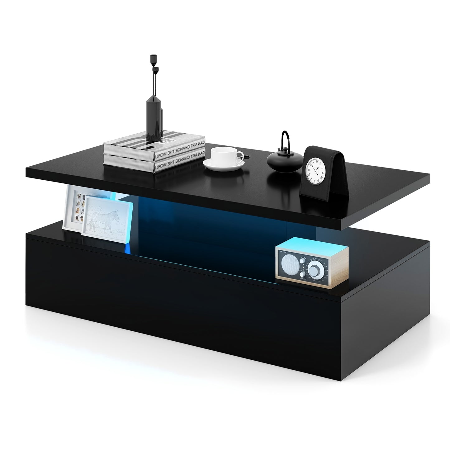 Modern LED Coffee Table with High Gloss Finish, Adjustable Light Colors, and 2-Tier Storage in Black