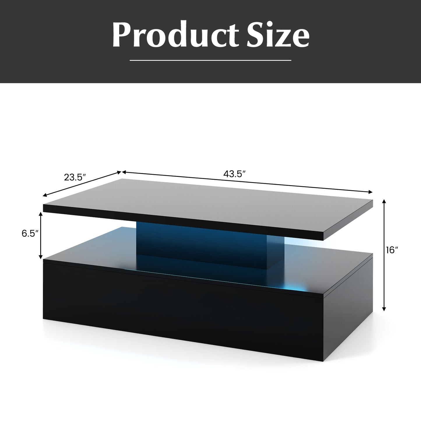Modern LED Coffee Table with High Gloss Finish, Adjustable Light Colors, and 2-Tier Storage in Black