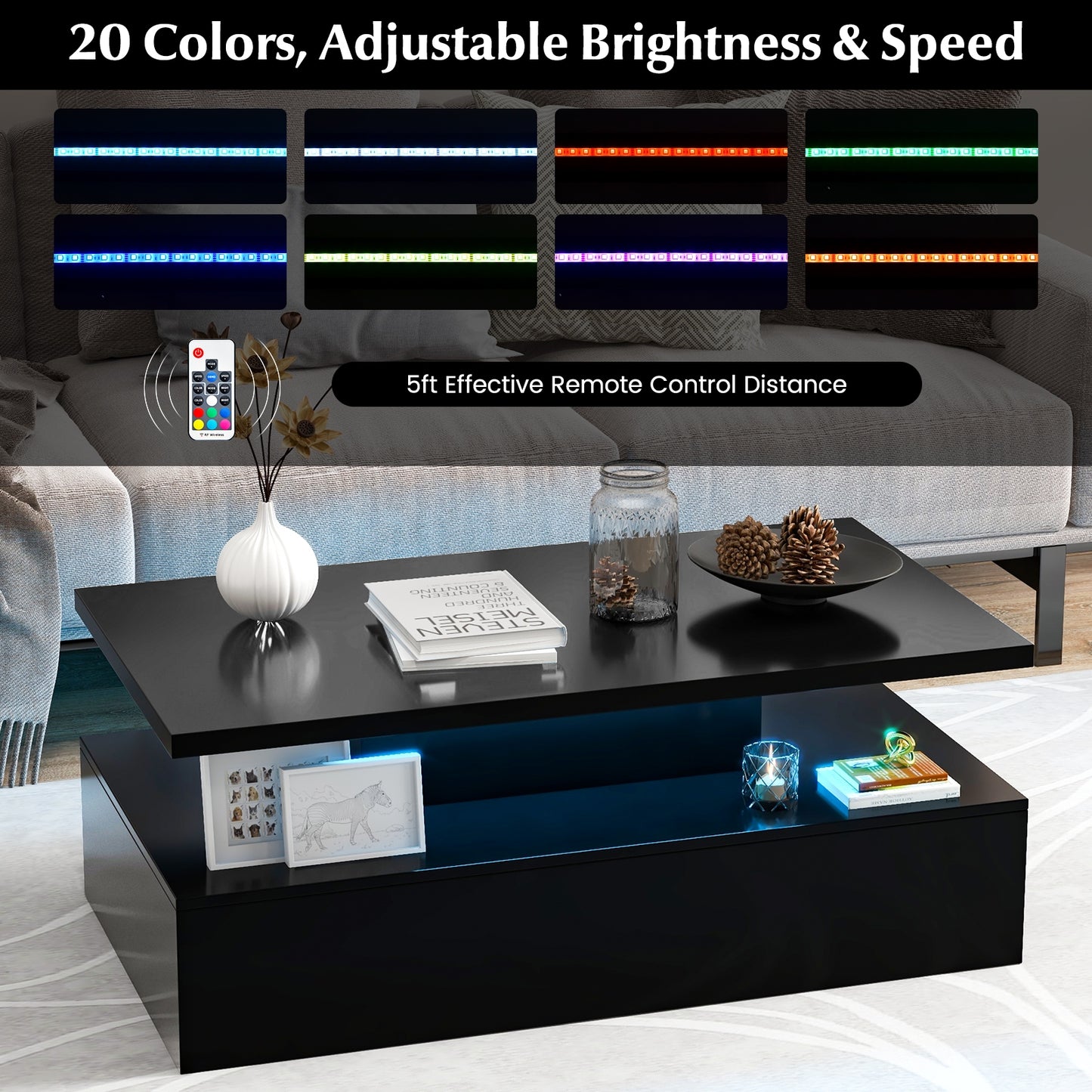 Modern LED Coffee Table with High Gloss Finish, Adjustable Light Colors, and 2-Tier Storage in Black