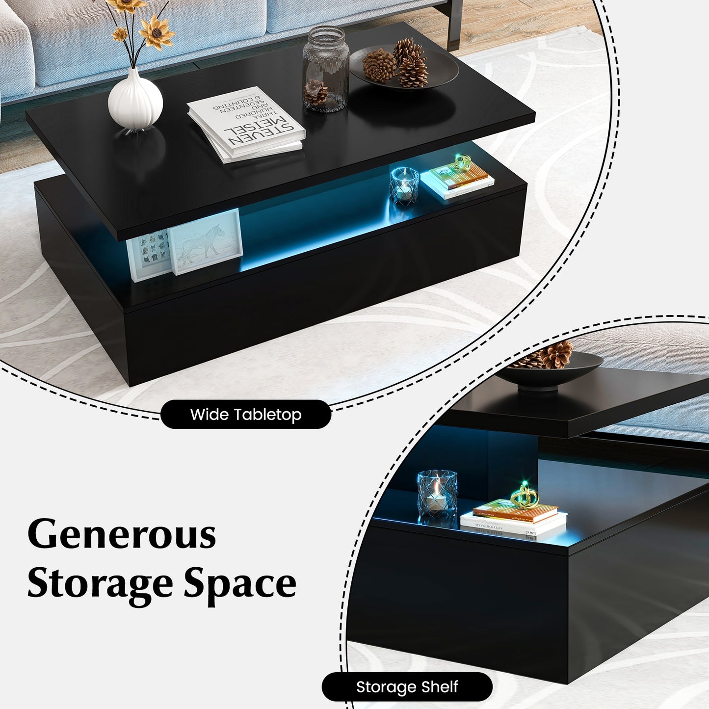 Modern LED Coffee Table with High Gloss Finish, Adjustable Light Colors, and 2-Tier Storage in Black