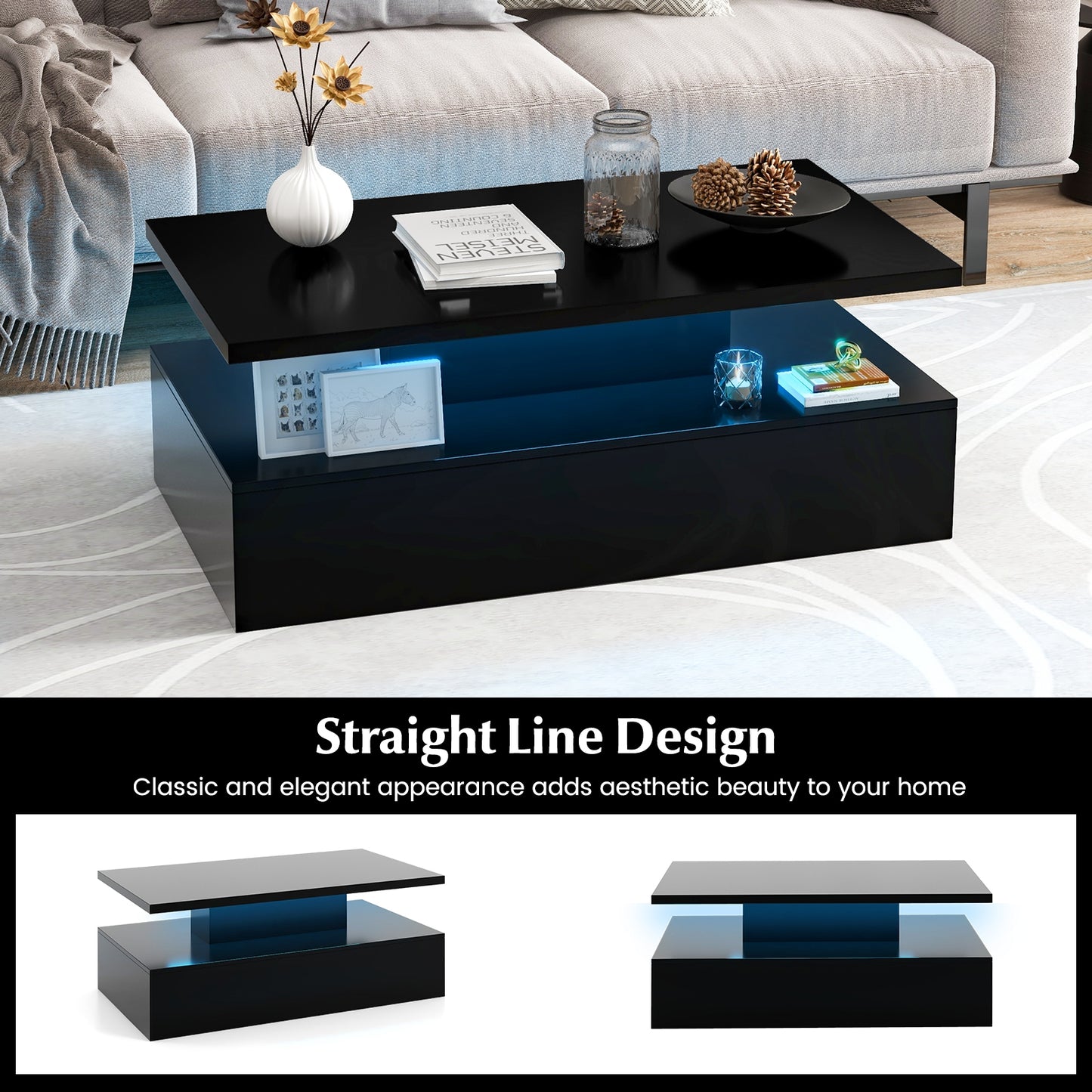 Modern LED Coffee Table with High Gloss Finish, Adjustable Light Colors, and 2-Tier Storage in Black