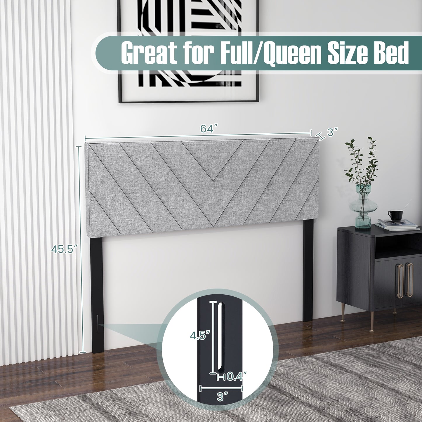Adjustable Linen Upholstered Headboard for Full & Queen Size Beds - Grey