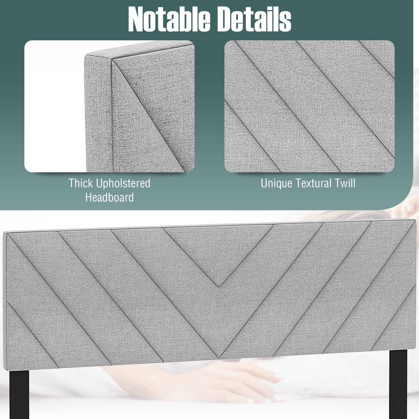 Adjustable Linen Upholstered Headboard for Full & Queen Size Beds - Grey