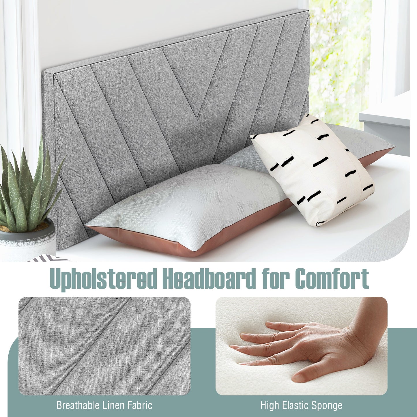 Adjustable Linen Upholstered Headboard for Full & Queen Size Beds - Grey