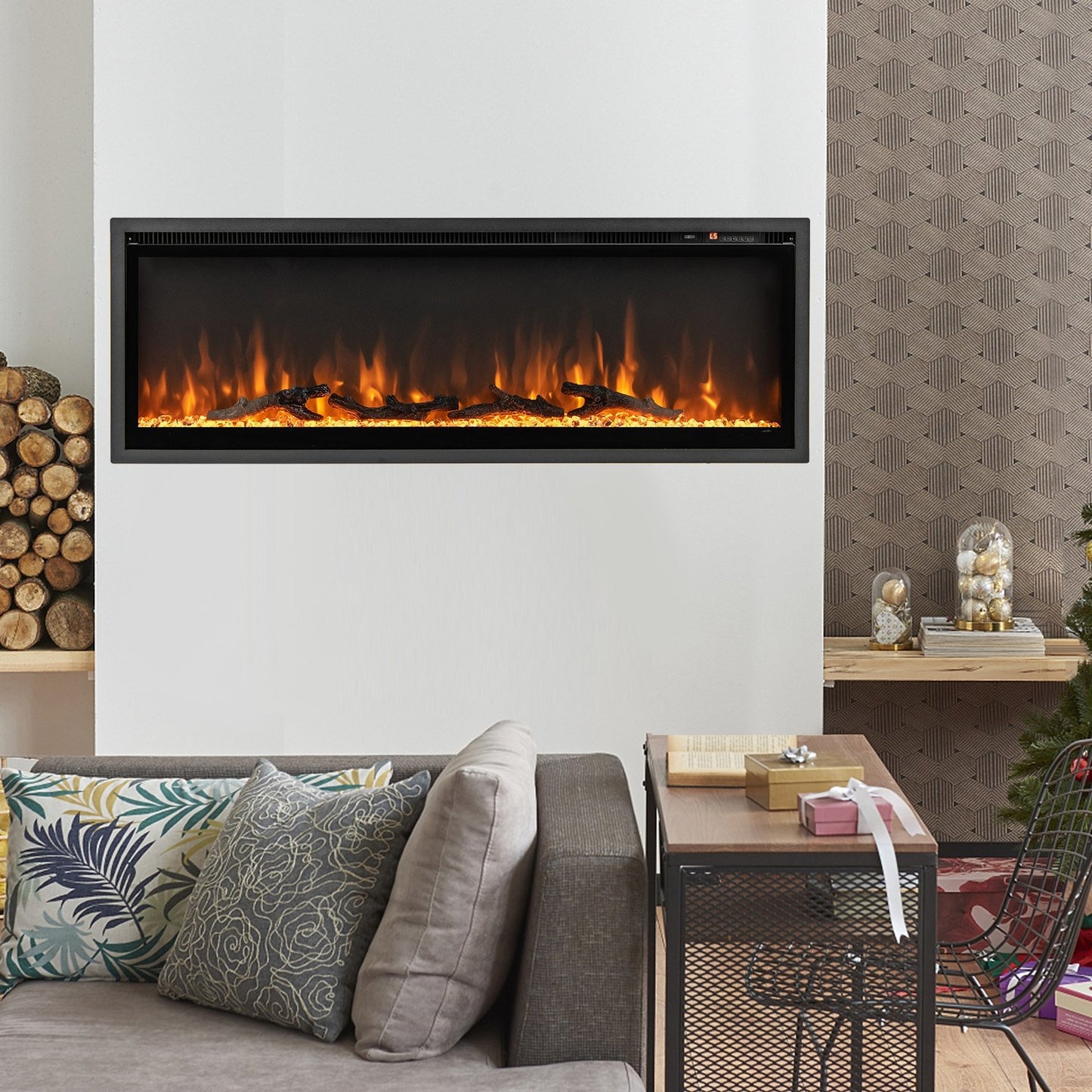 36/42/50 Inch Electric Fireplace In-Wall Recessed with Remote Control, Adjustable Color & Brightness