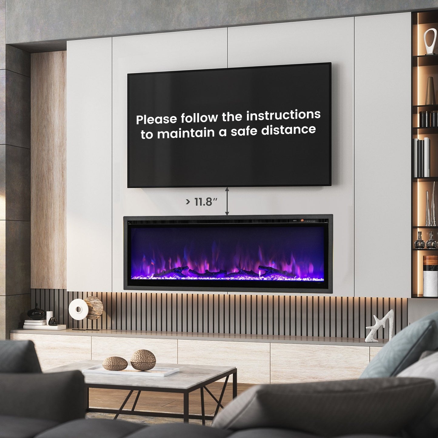 36/42/50 Inch Electric Fireplace In-Wall Recessed with Remote Control, Adjustable Color & Brightness