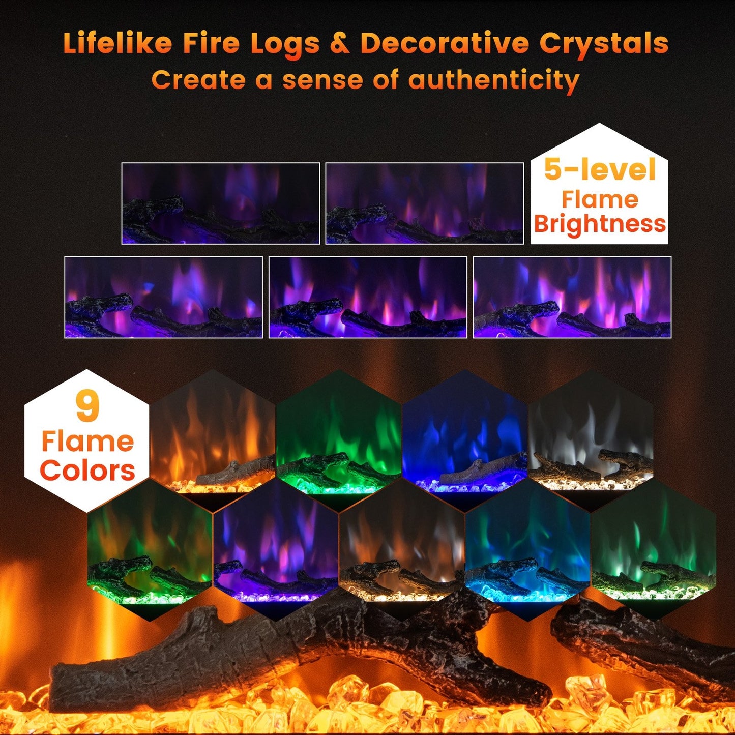 36/42/50 Inch Electric Fireplace In-Wall Recessed with Remote Control, Adjustable Color & Brightness