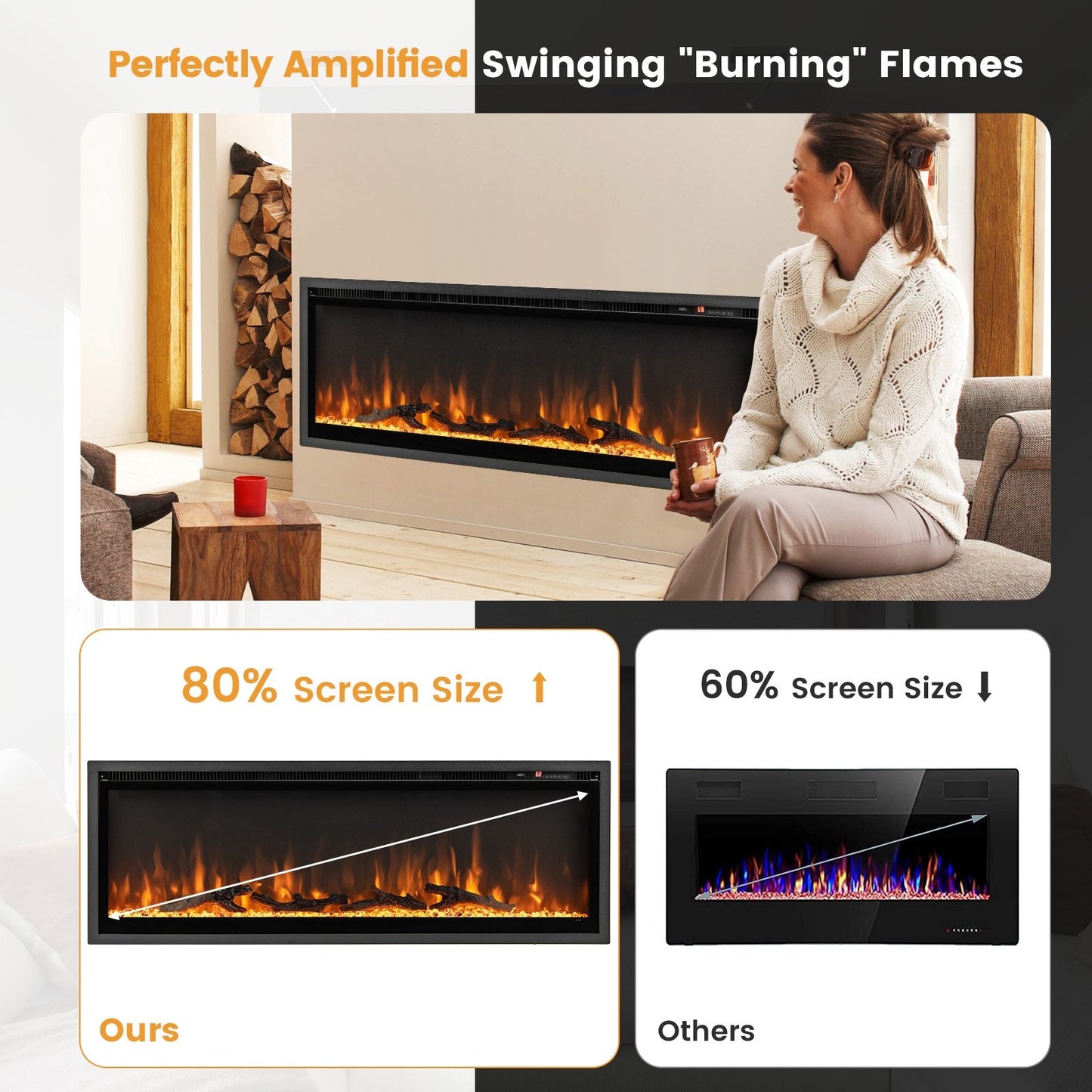 36/42/50 Inch Electric Fireplace In-Wall Recessed with Remote Control, Adjustable Color & Brightness