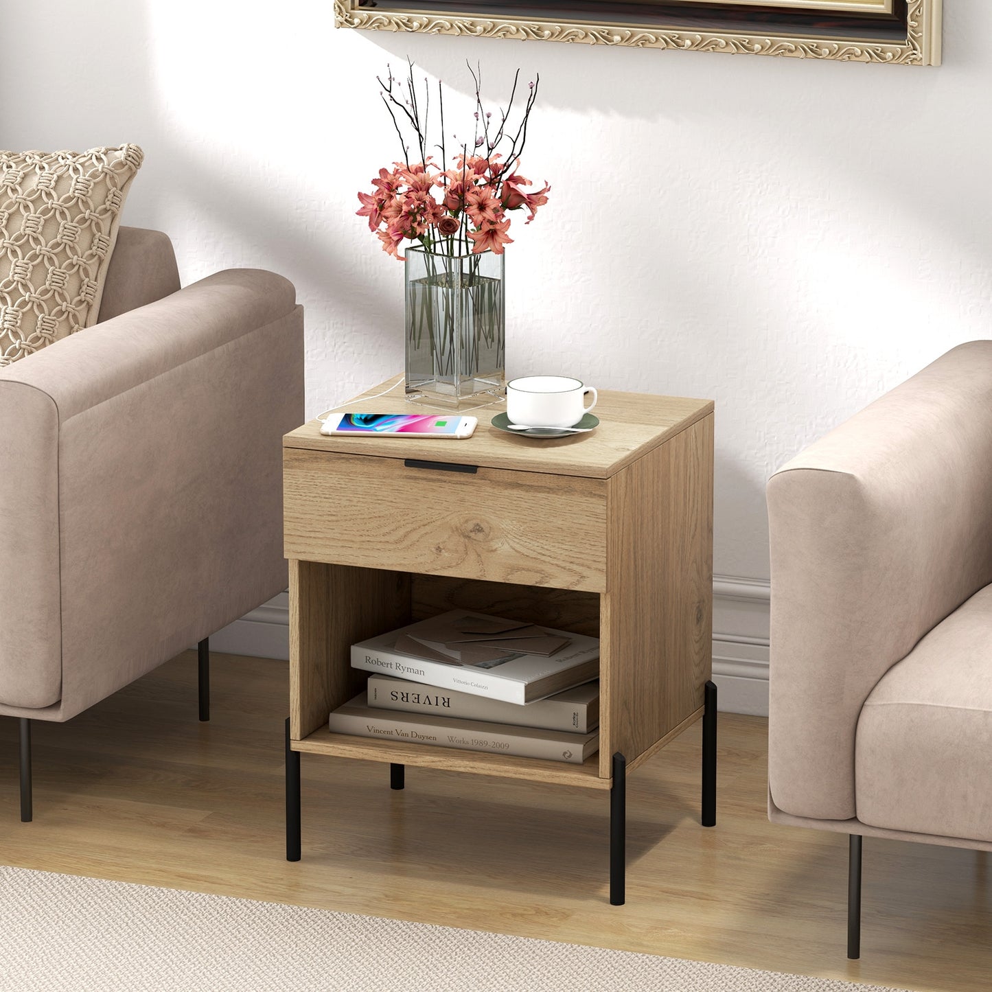 Modern Wood Nightstand with Drawer and Built-in Charging Station