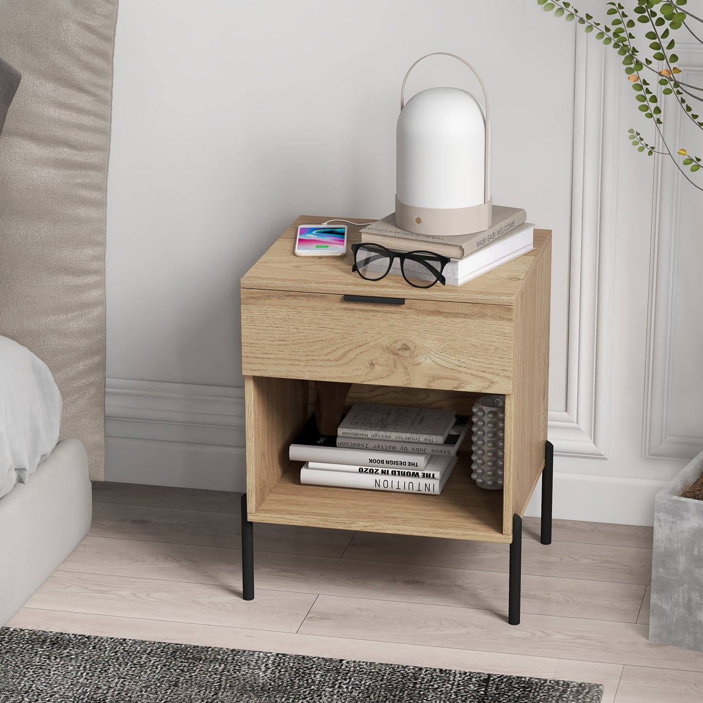 Modern Wood Nightstand with Drawer and Built-in Charging Station
