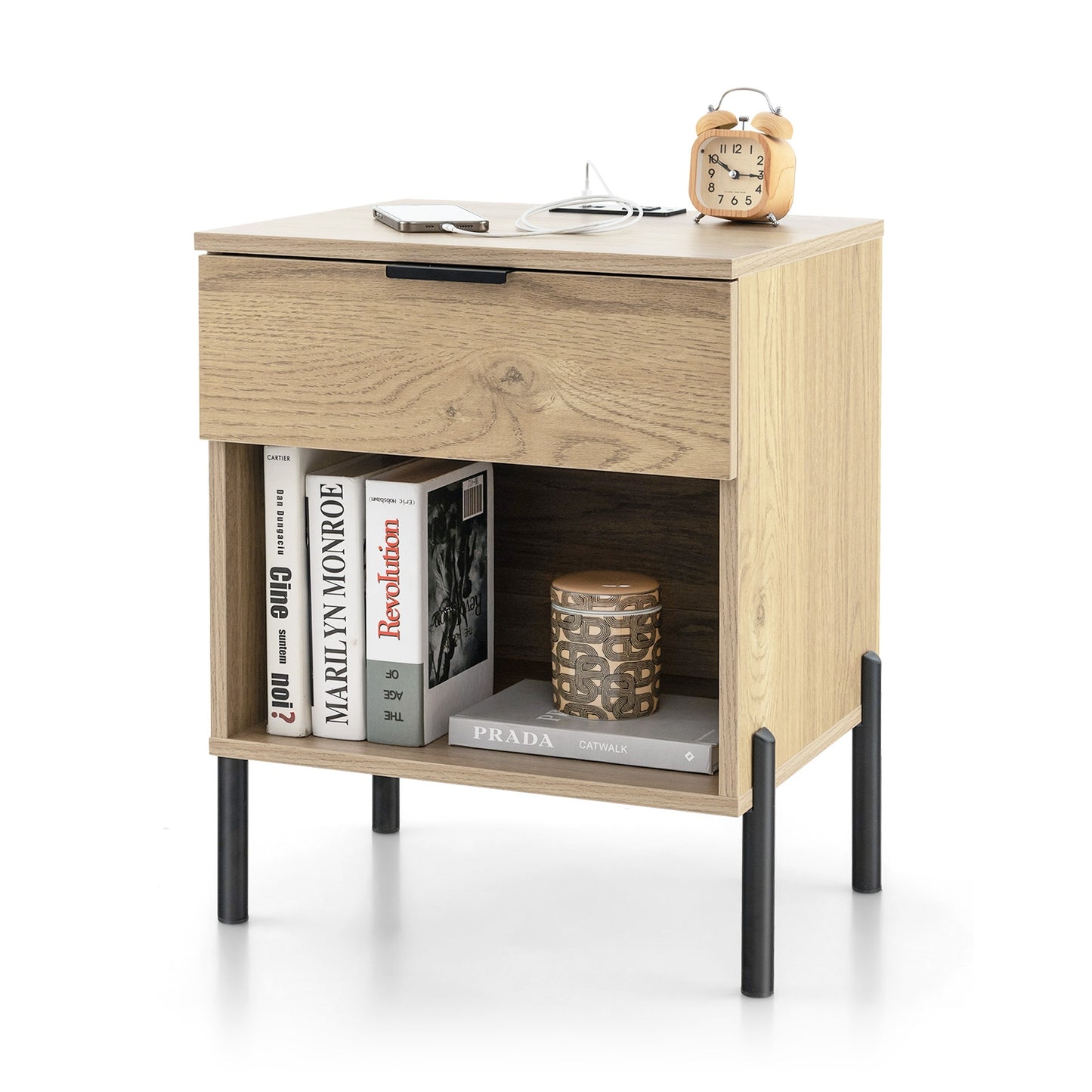 Modern Wood Nightstand with Drawer and Built-in Charging Station