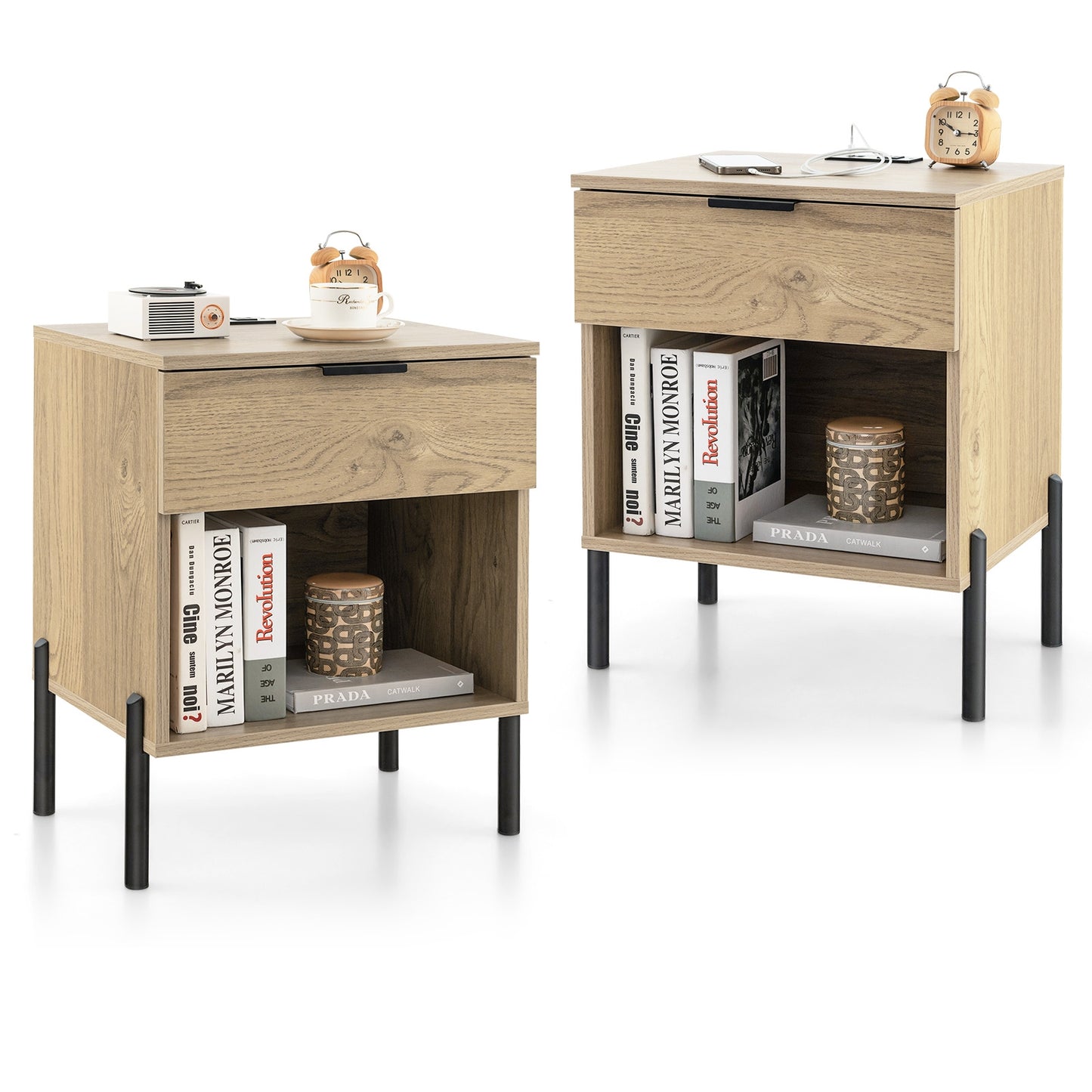 Modern Wood Nightstand with Drawer and Built-in Charging Station