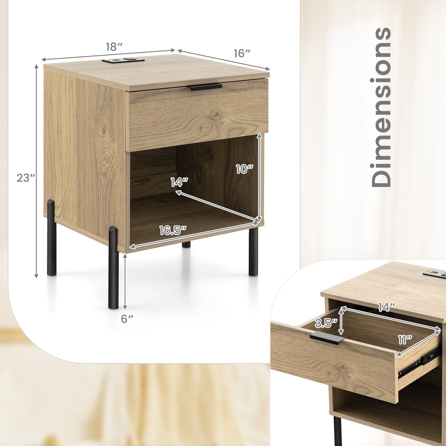 Modern Wood Nightstand with Drawer and Built-in Charging Station