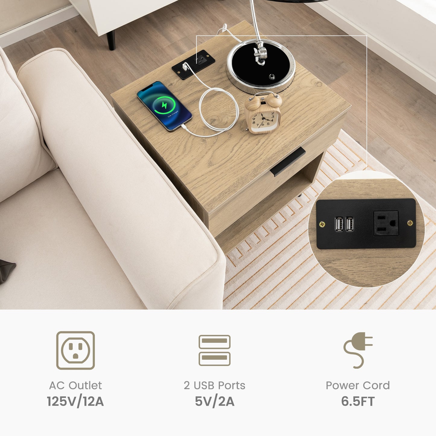 Modern Wood Nightstand with Drawer and Built-in Charging Station