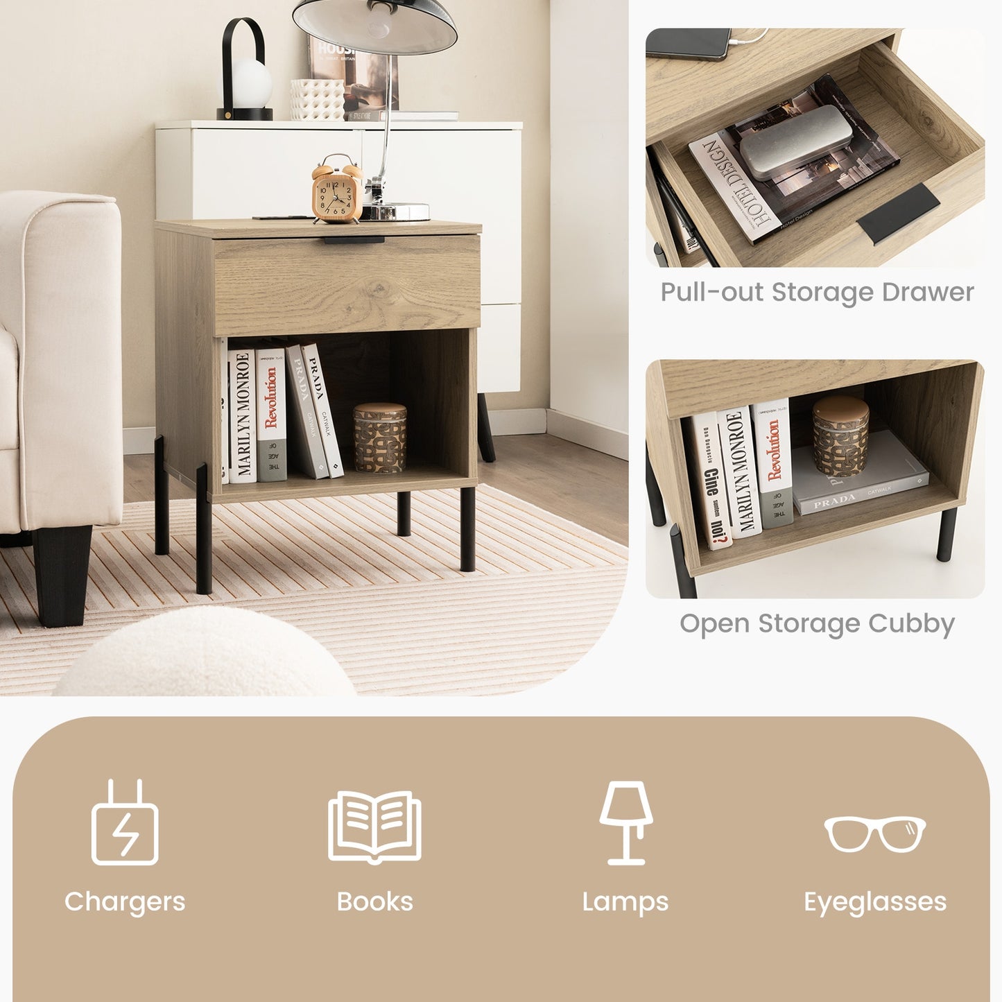 Modern Wood Nightstand with Drawer and Built-in Charging Station