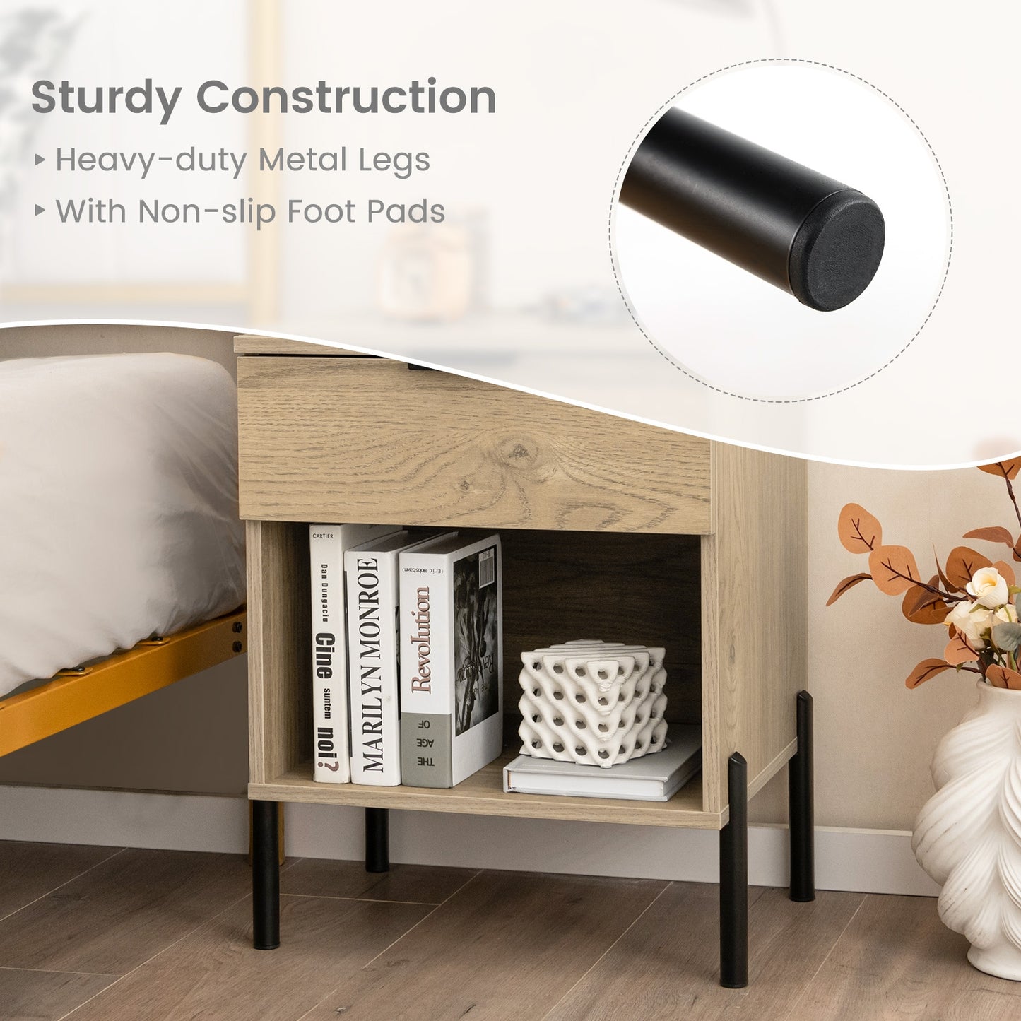 Modern Wood Nightstand with Drawer and Built-in Charging Station