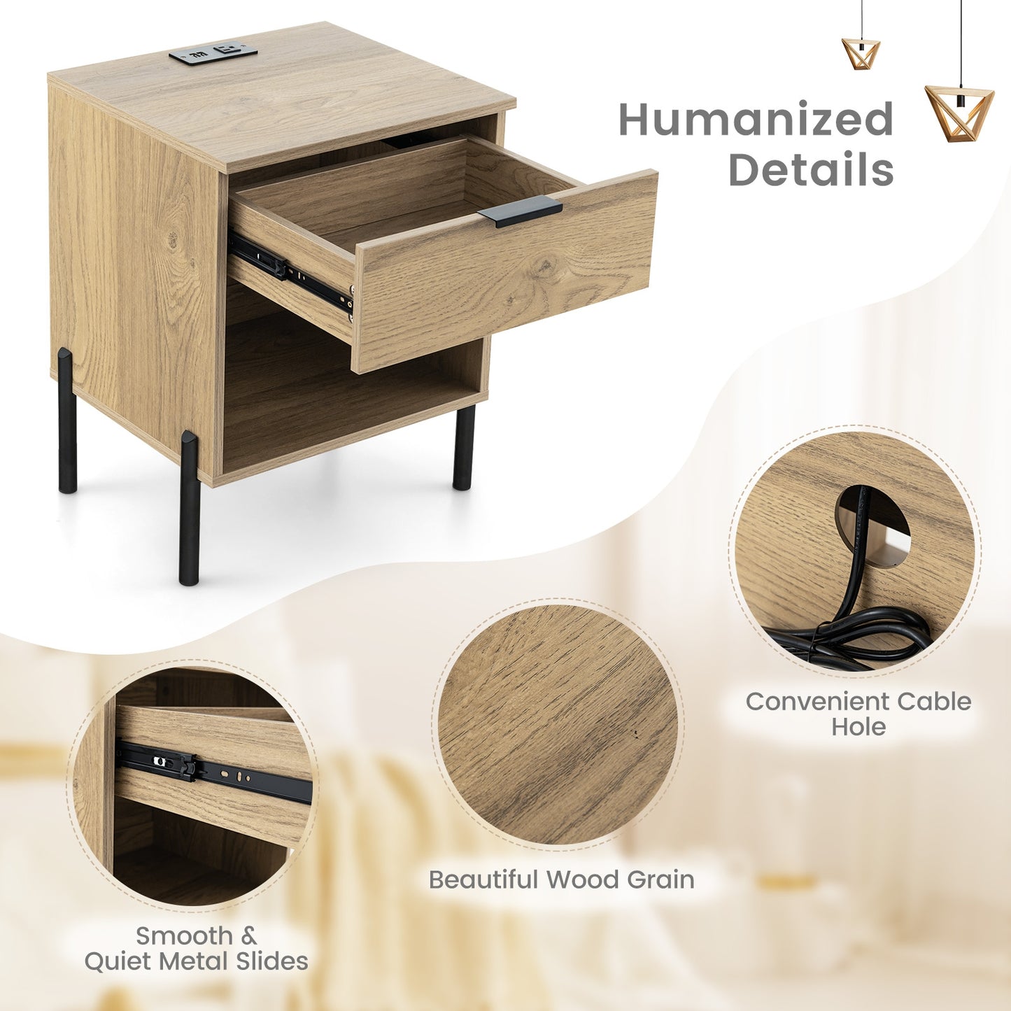 Modern Wood Nightstand with Drawer and Built-in Charging Station