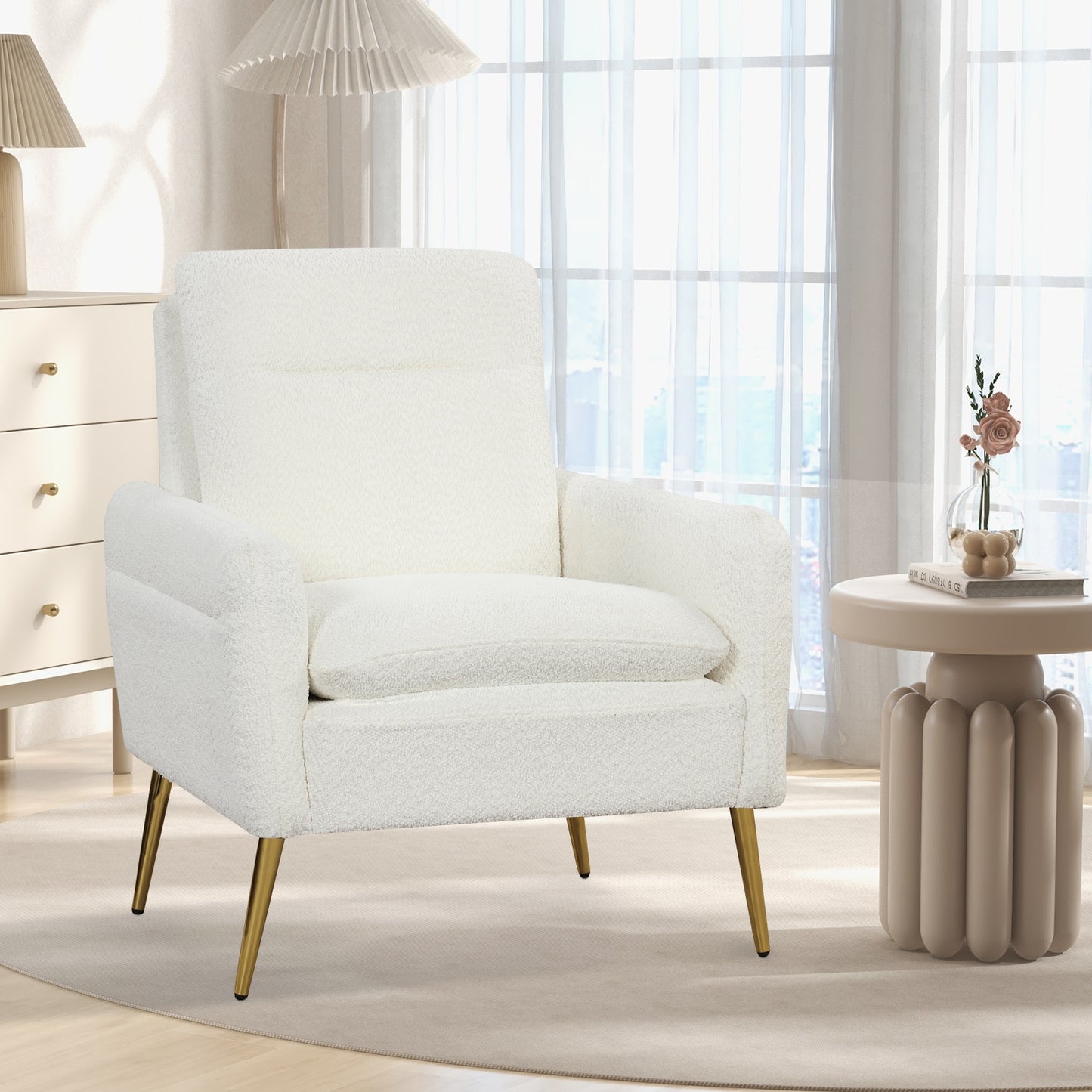 Modern Sherpa Accent Chair with Upholstered Cushion and Gold Metal Legs