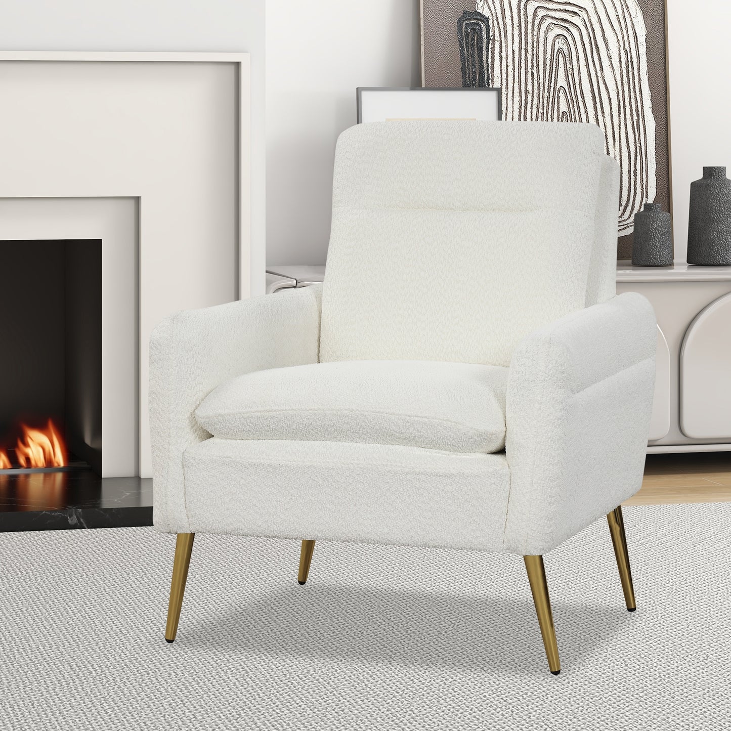 Modern Sherpa Accent Chair with Upholstered Cushion and Gold Metal Legs