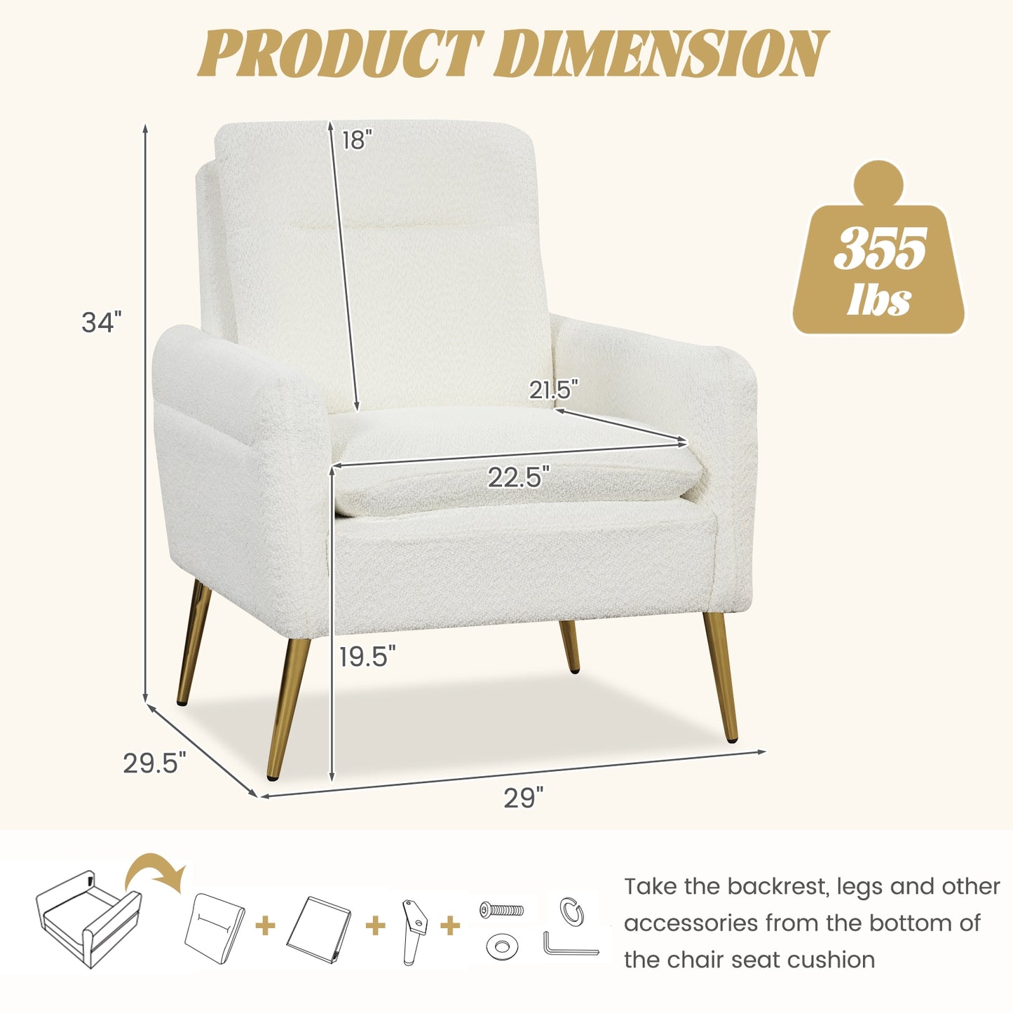 Modern Sherpa Accent Chair with Upholstered Cushion and Gold Metal Legs