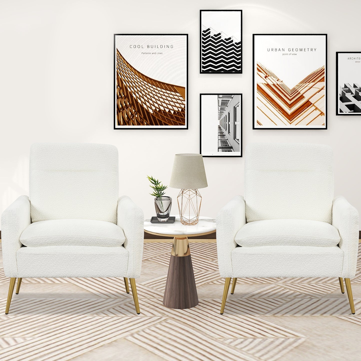 Modern Sherpa Accent Chair with Upholstered Cushion and Gold Metal Legs