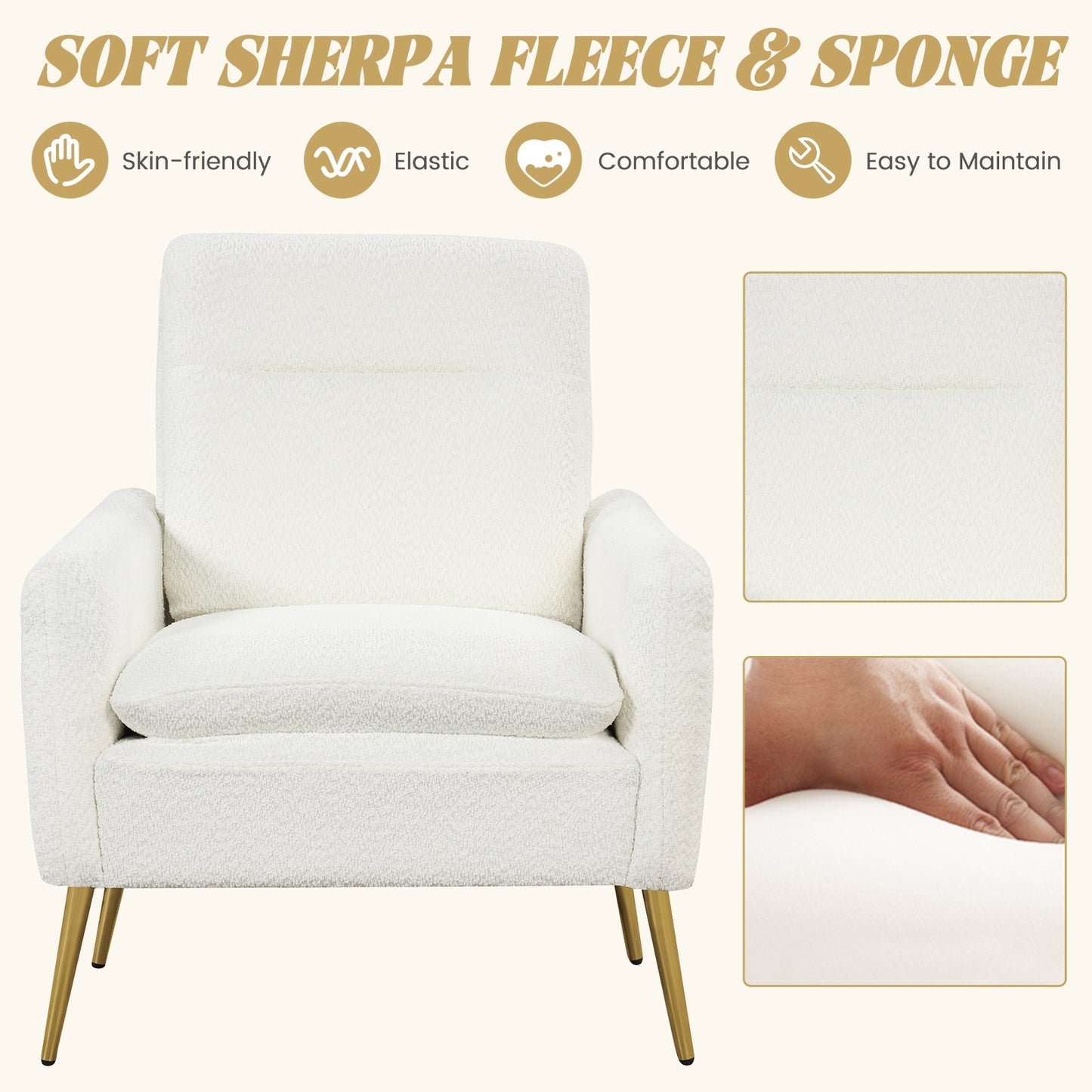 Modern Sherpa Accent Chair with Upholstered Cushion and Gold Metal Legs