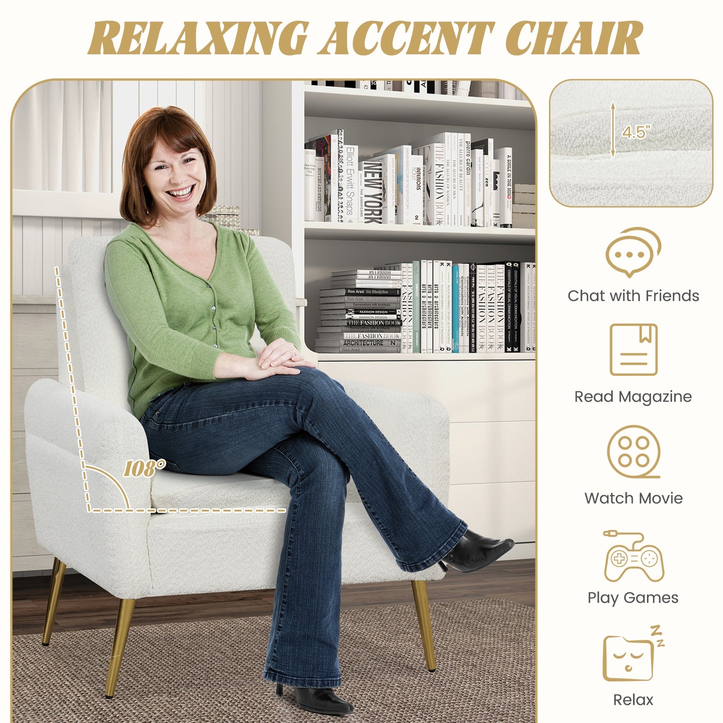 Modern Sherpa Accent Chair with Upholstered Cushion and Gold Metal Legs