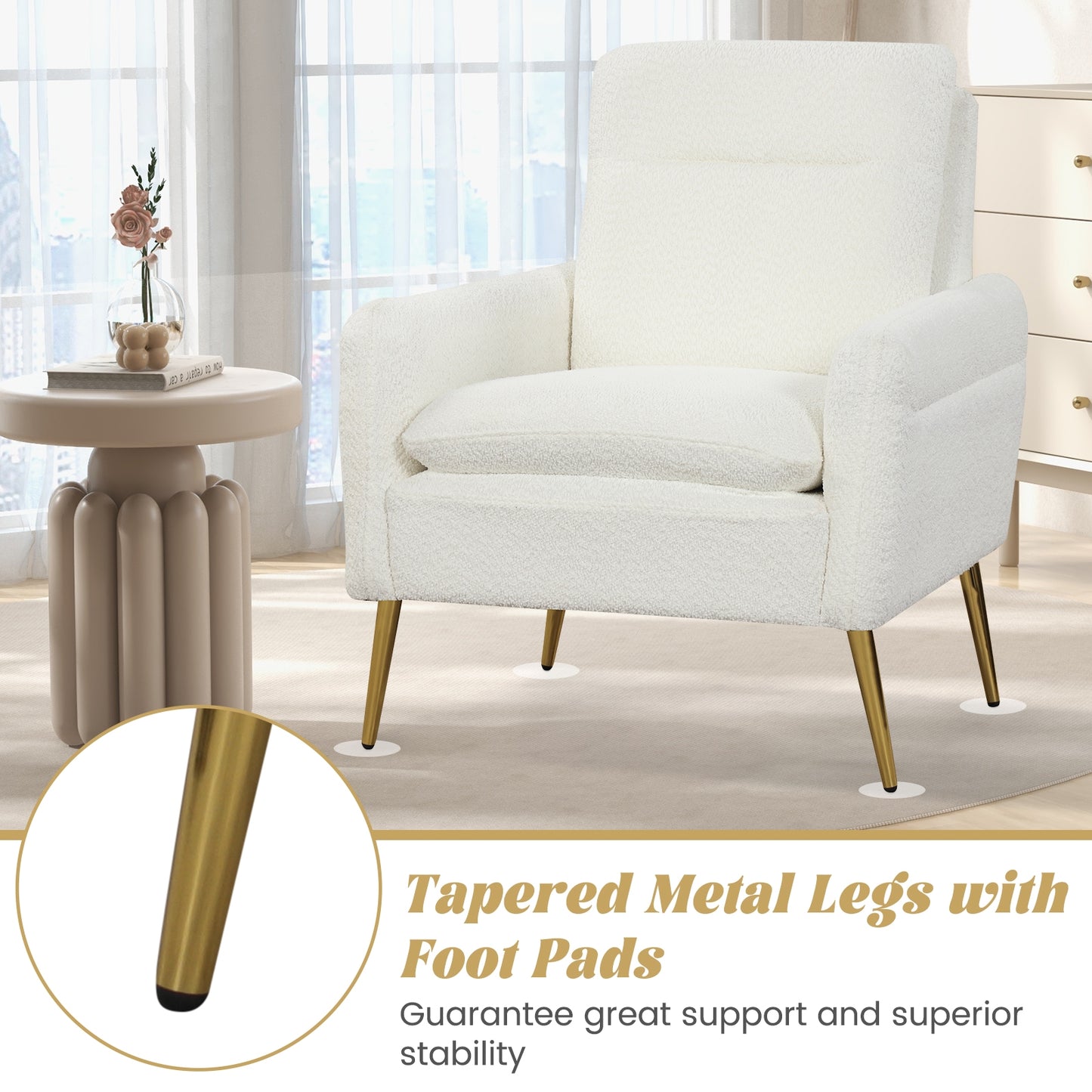 Modern Sherpa Accent Chair with Upholstered Cushion and Gold Metal Legs