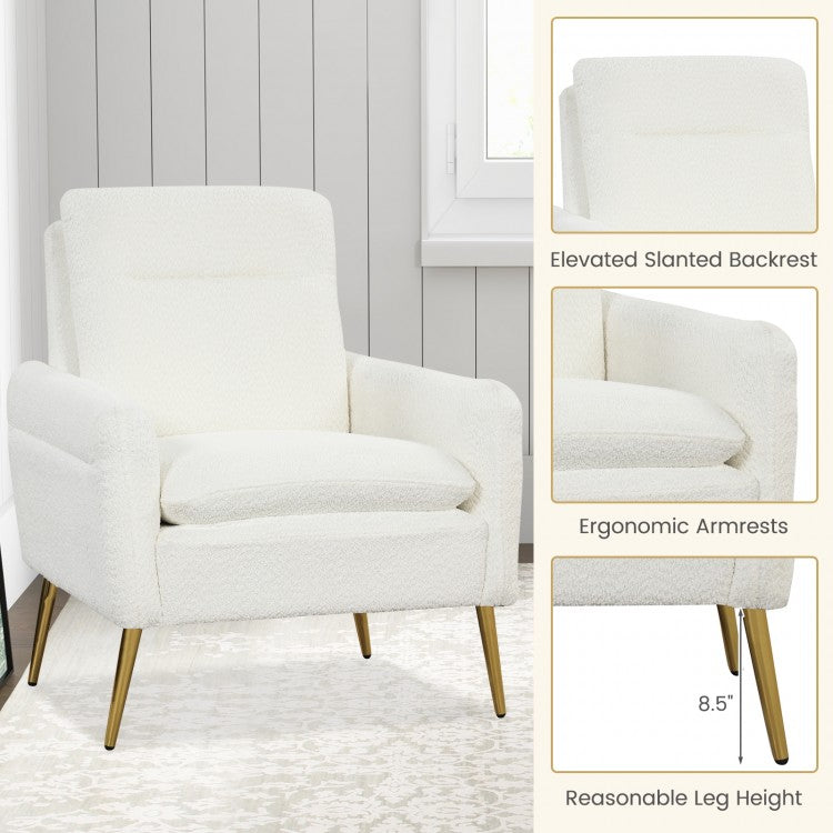 Modern Sherpa Accent Chair with Upholstered Cushion and Gold Metal Legs