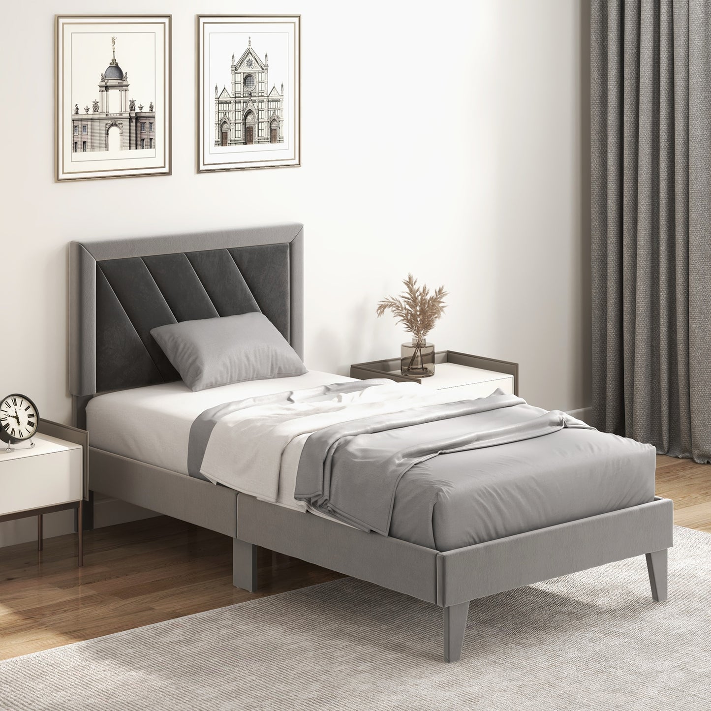 Luxurious Velvet Platform Bed with High Headboard and Wooden Slats - Twin Size