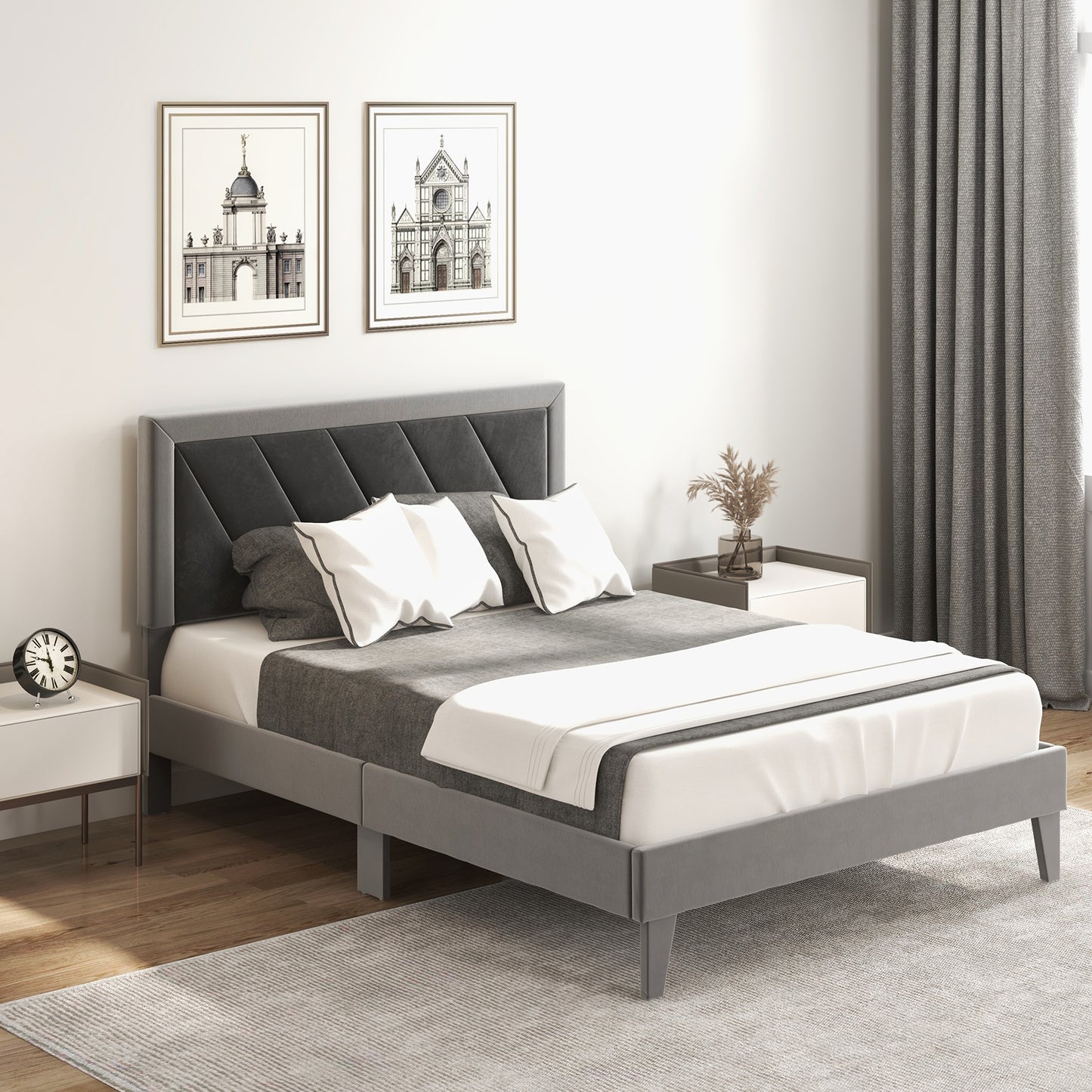 Luxurious Velvet Platform Bed with High Headboard and Wooden Slats - Full Size