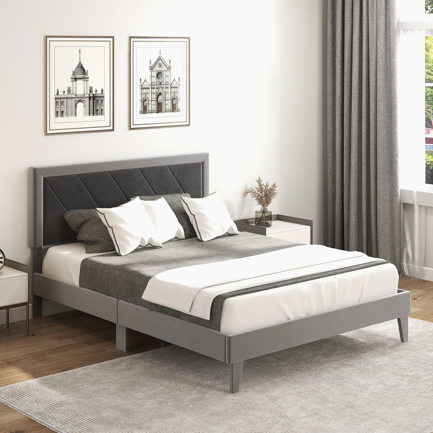 Luxurious Velvet Platform Bed with High Headboard and Wooden Slats - Queen Size