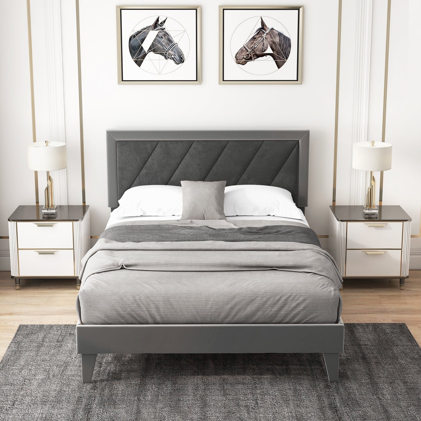 Luxurious Velvet Platform Bed with High Headboard and Wooden Slats - Full Size