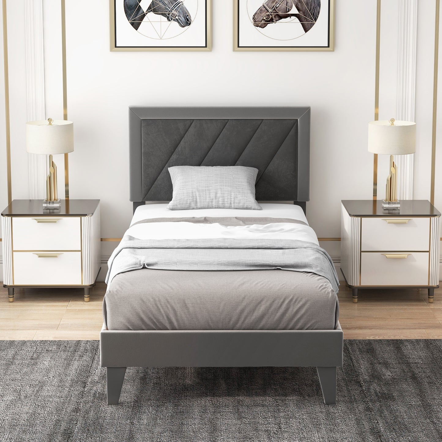 Luxurious Velvet Platform Bed with High Headboard and Wooden Slats - Twin Size