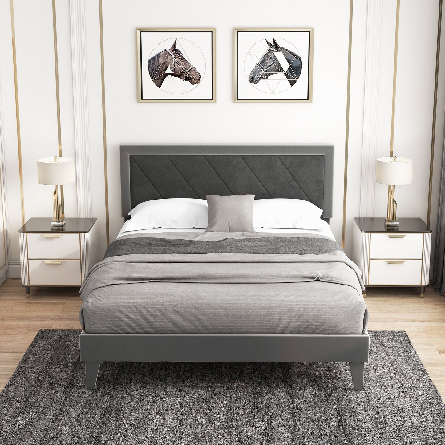 Luxurious Velvet Platform Bed with High Headboard and Wooden Slats - Queen Size