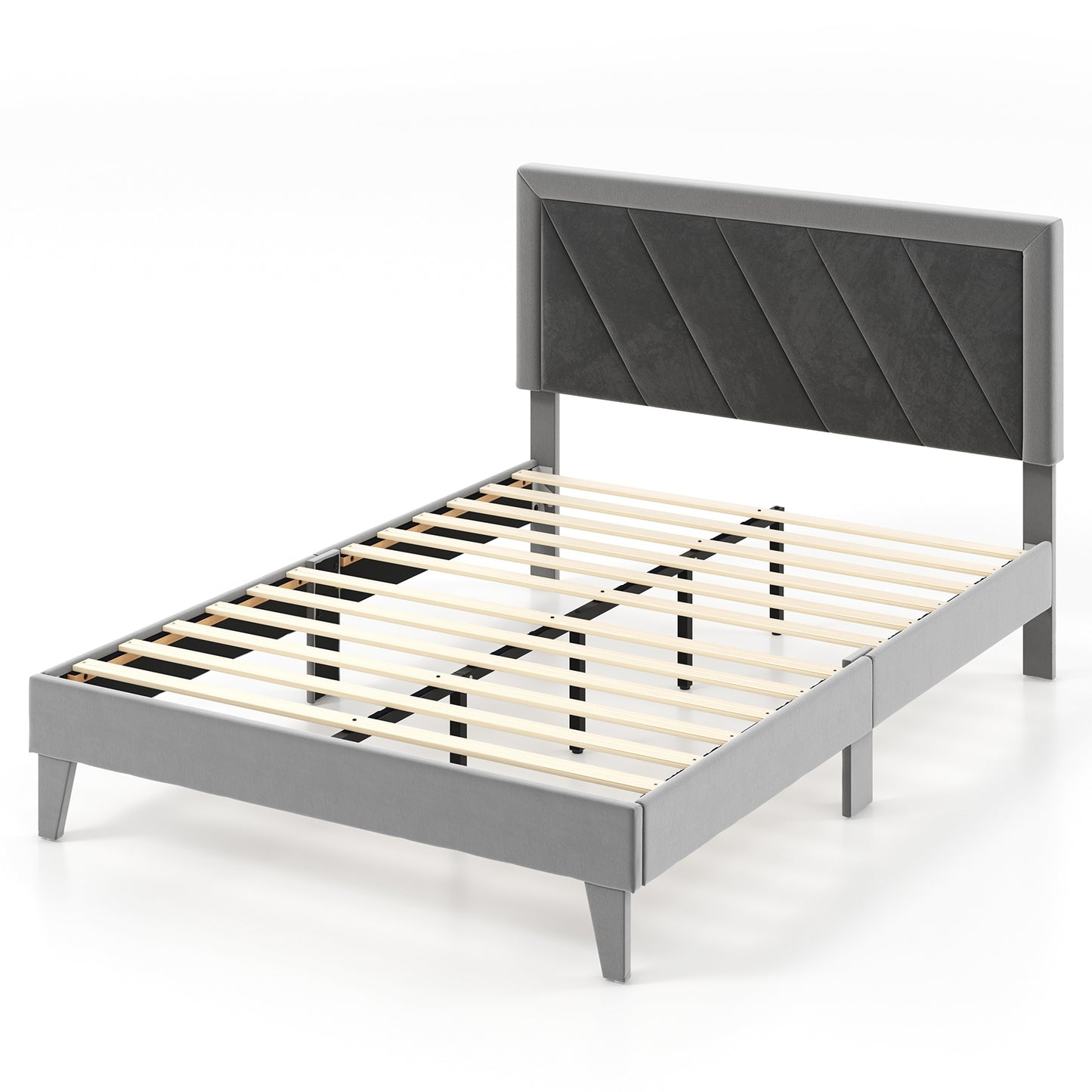 Luxurious Velvet Platform Bed with High Headboard and Wooden Slats - Full Size