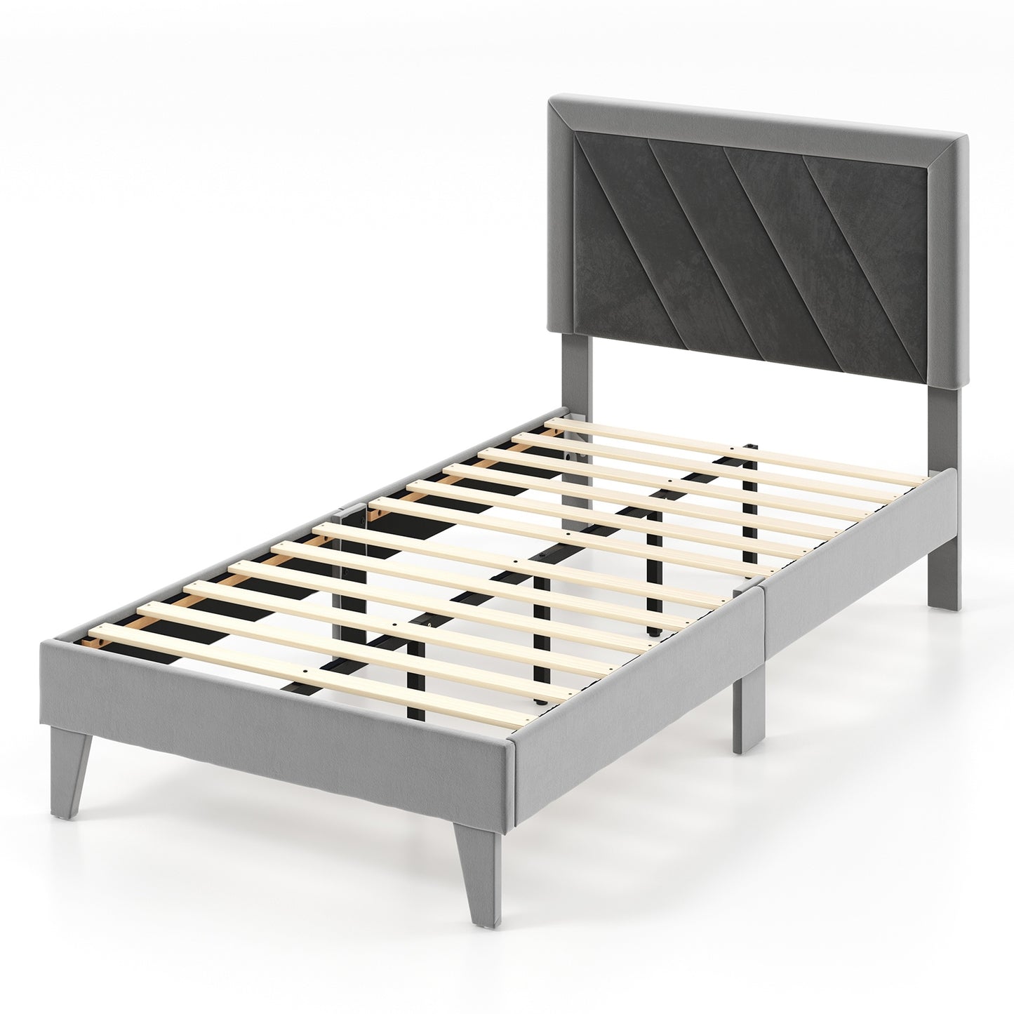 Luxurious Velvet Platform Bed with High Headboard and Wooden Slats - Twin Size