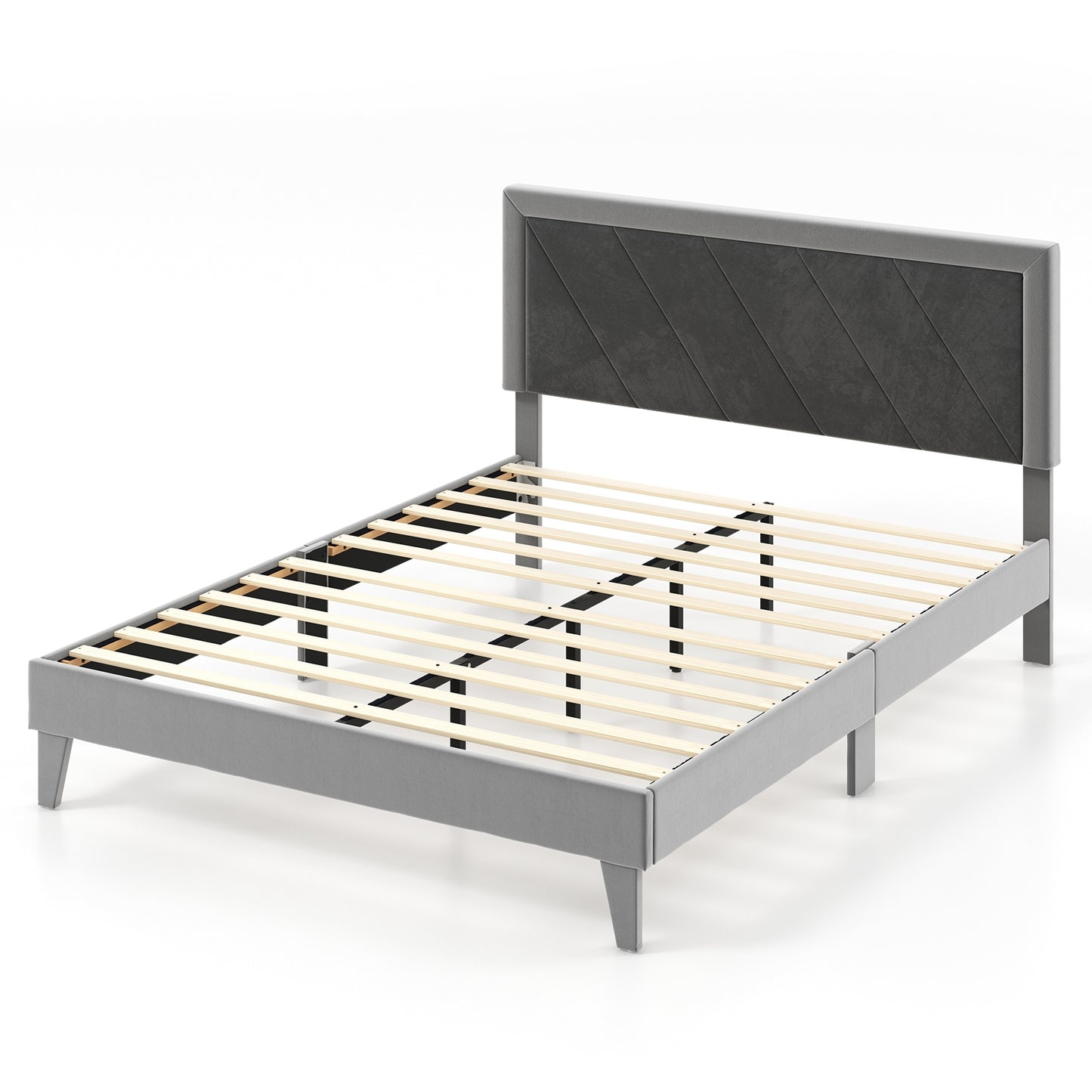 Luxurious Velvet Platform Bed with High Headboard and Wooden Slats - Queen Size